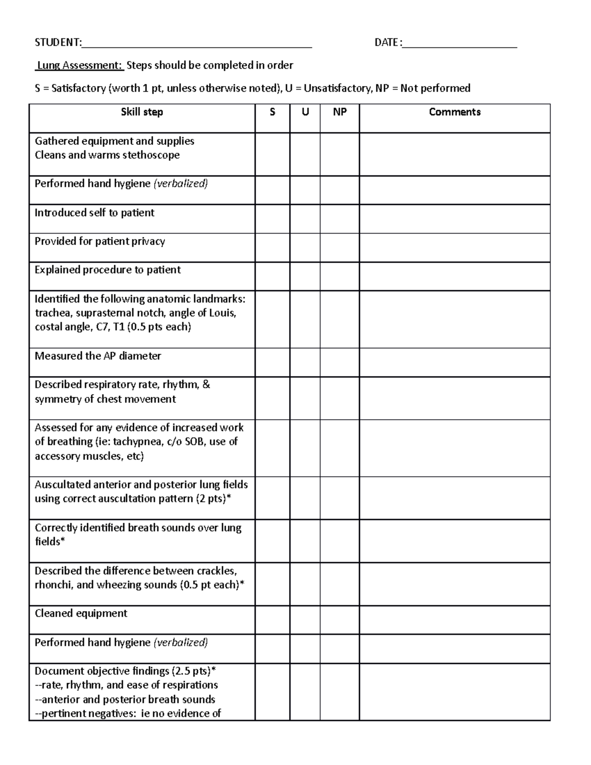 Competency #1 Checklist Lungs-1 - Student 