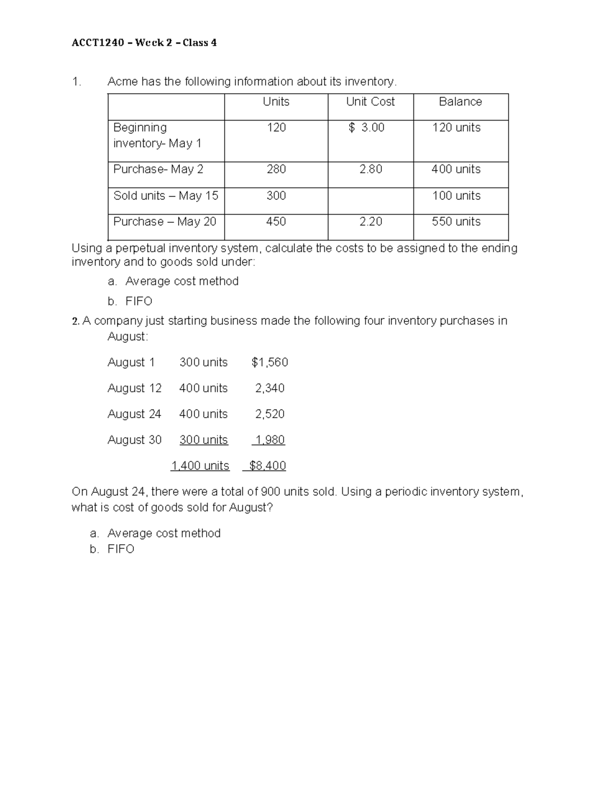 04 ACCT1240 Inventory Exercise - ACCT1240 – Week 2 – Class 4 1. Acme ...