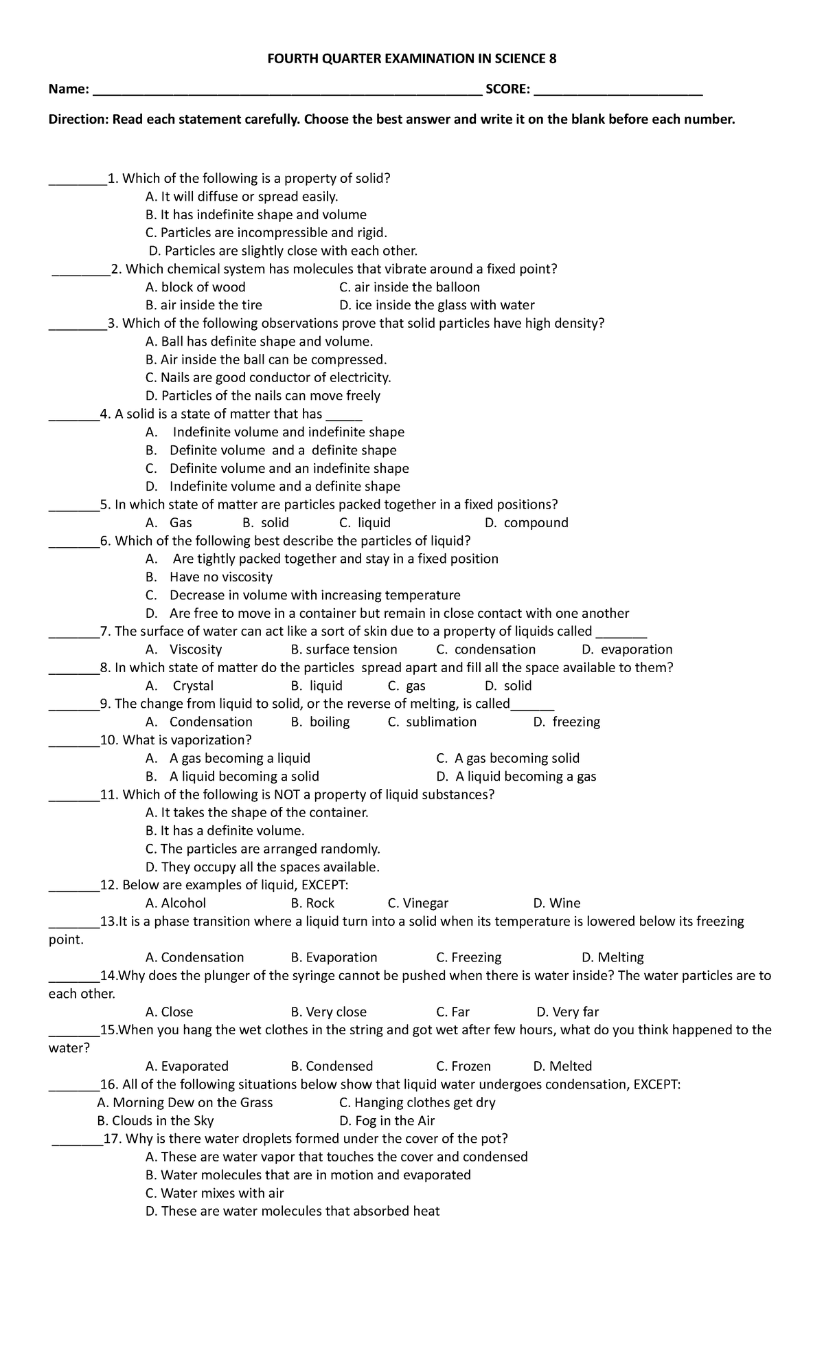 Fourth Quarter Examination IN Science 8 FOURTH QUARTER EXAMINATION IN