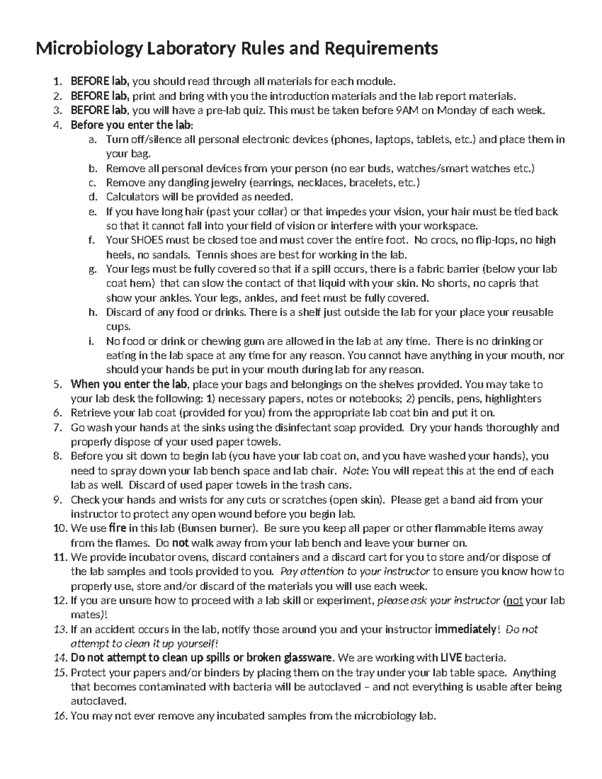Microbiology Laboratory Rules and Requirements - BEFORE lab, print and ...