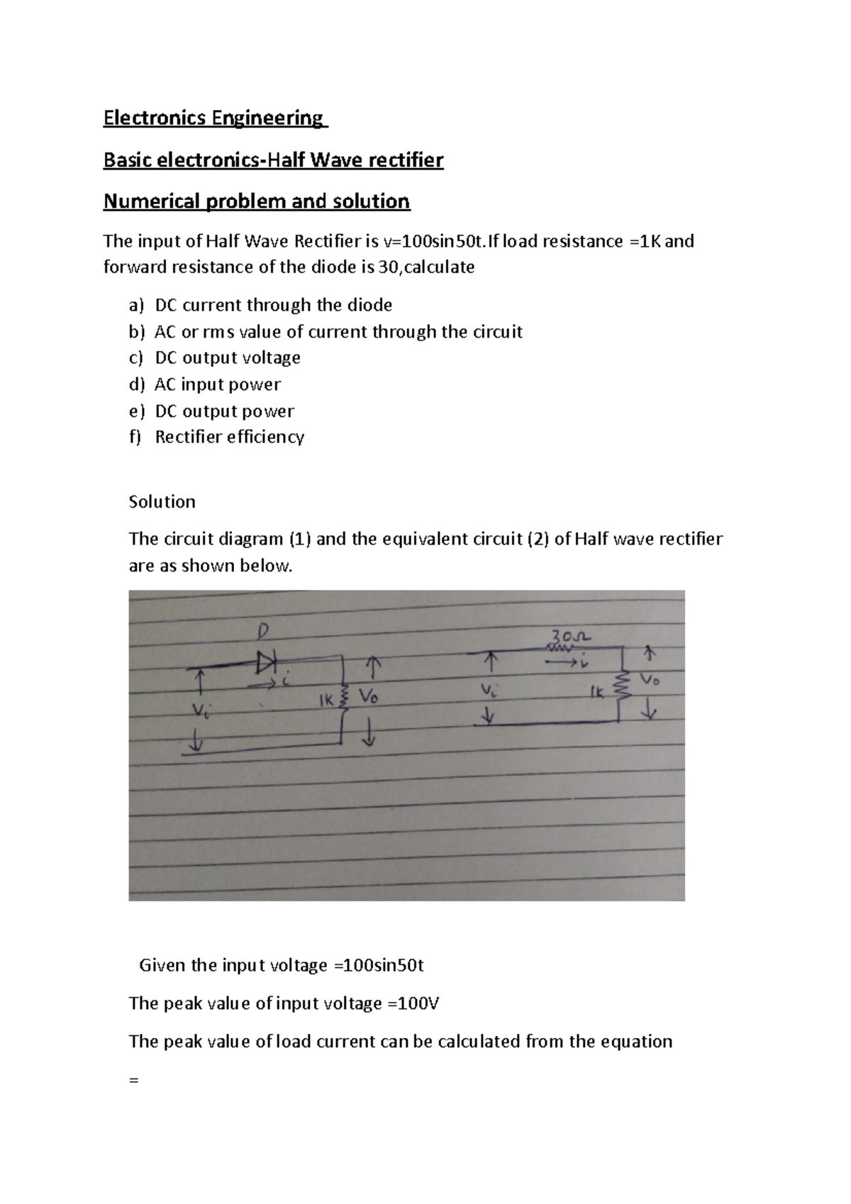 Half wave rectifier numerical problem Electronics Engineering Basic