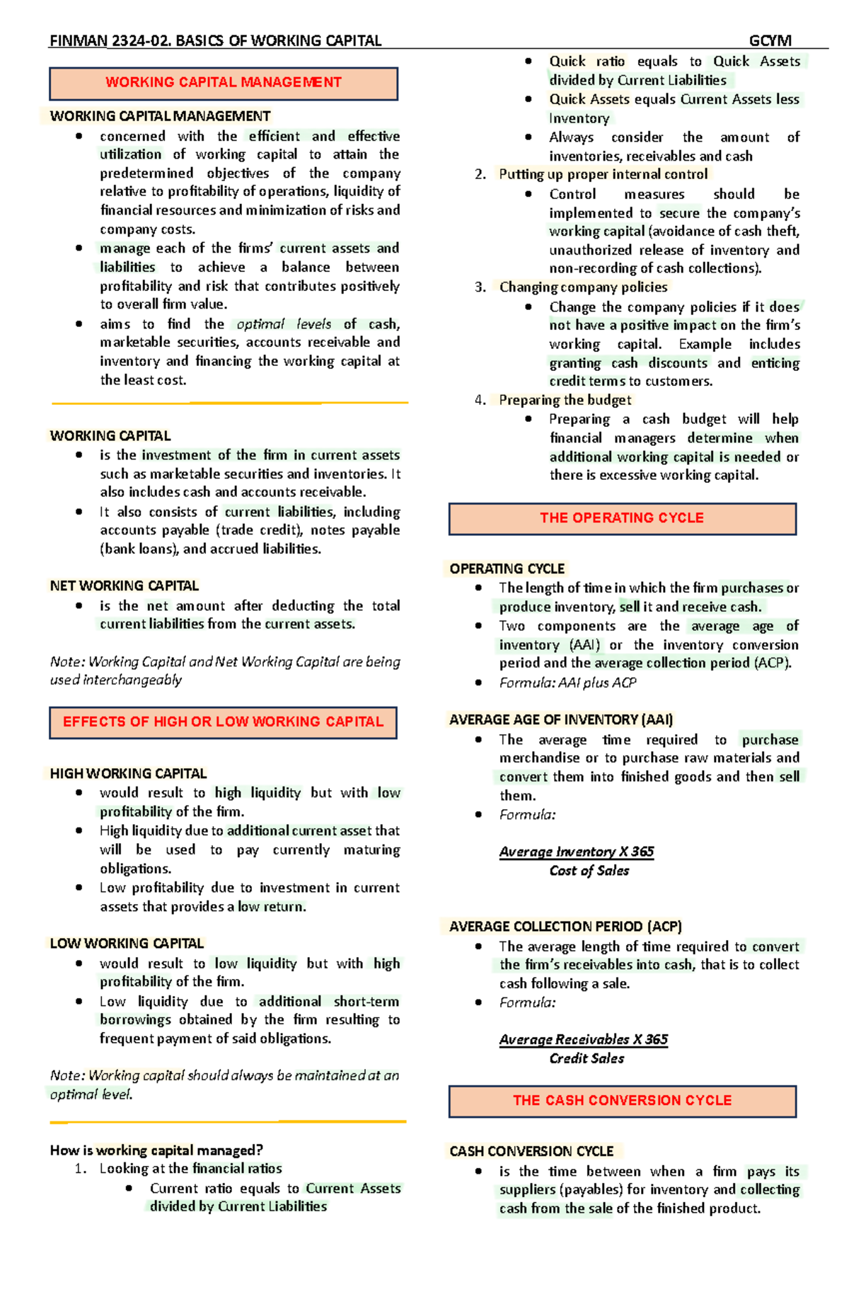 Basics OF Working Capital Final 2 - FINMAN 2324-02. BASICS OF WORKING ...