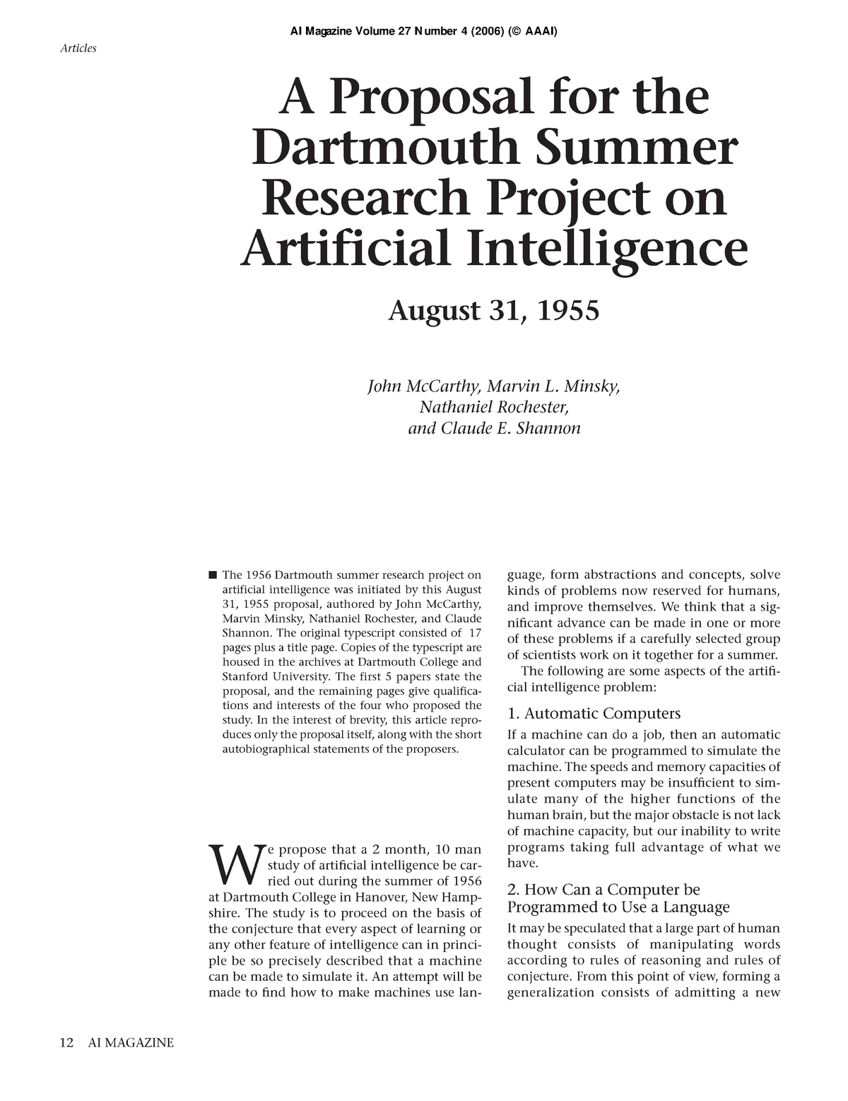 dartmouth summer research project 1956