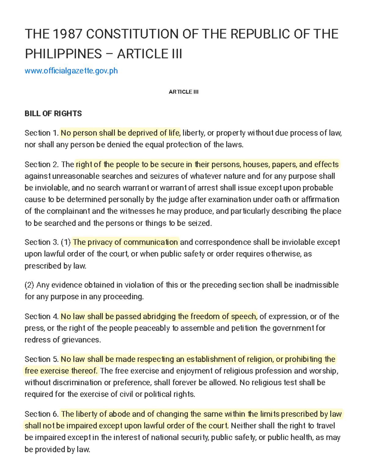 the article iii of the philippines constitution of 1987 is __