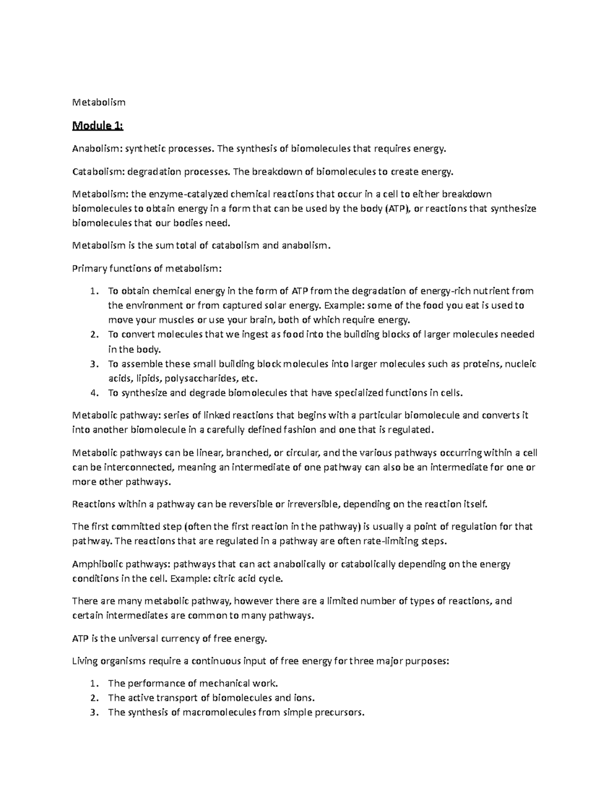 Metabolism 2 - Summary - Metabolism Module 1: Anabolism: Synthetic ...