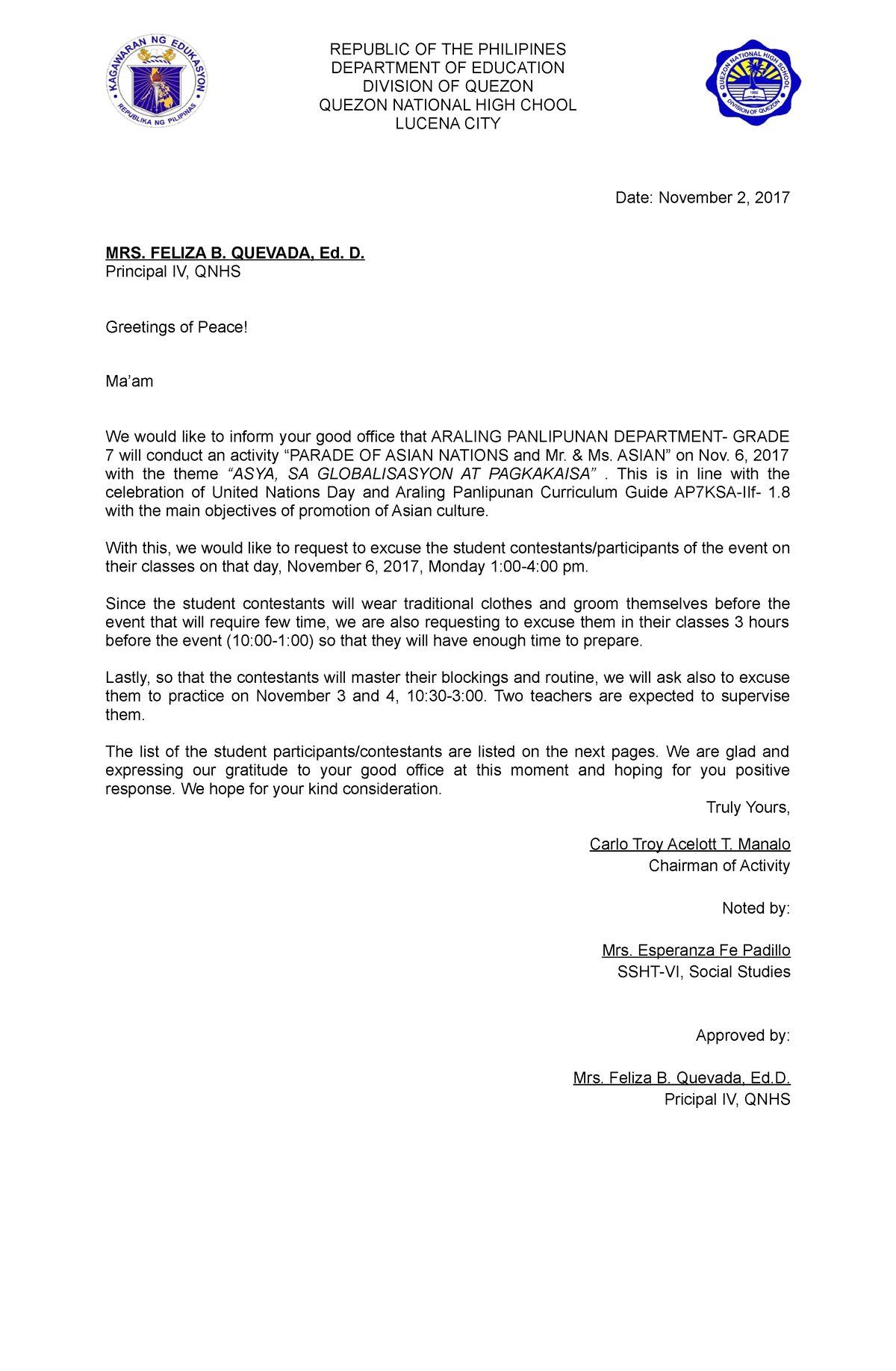 Excuse letter - GOD - REPUBLIC OF THE PHILIPINES DEPARTMENT OF ...