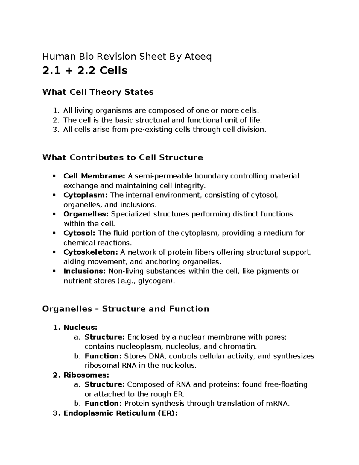 Human Bio Topic Test 1 Revision By Ateeq - Human Bio Revision Sheet By ...