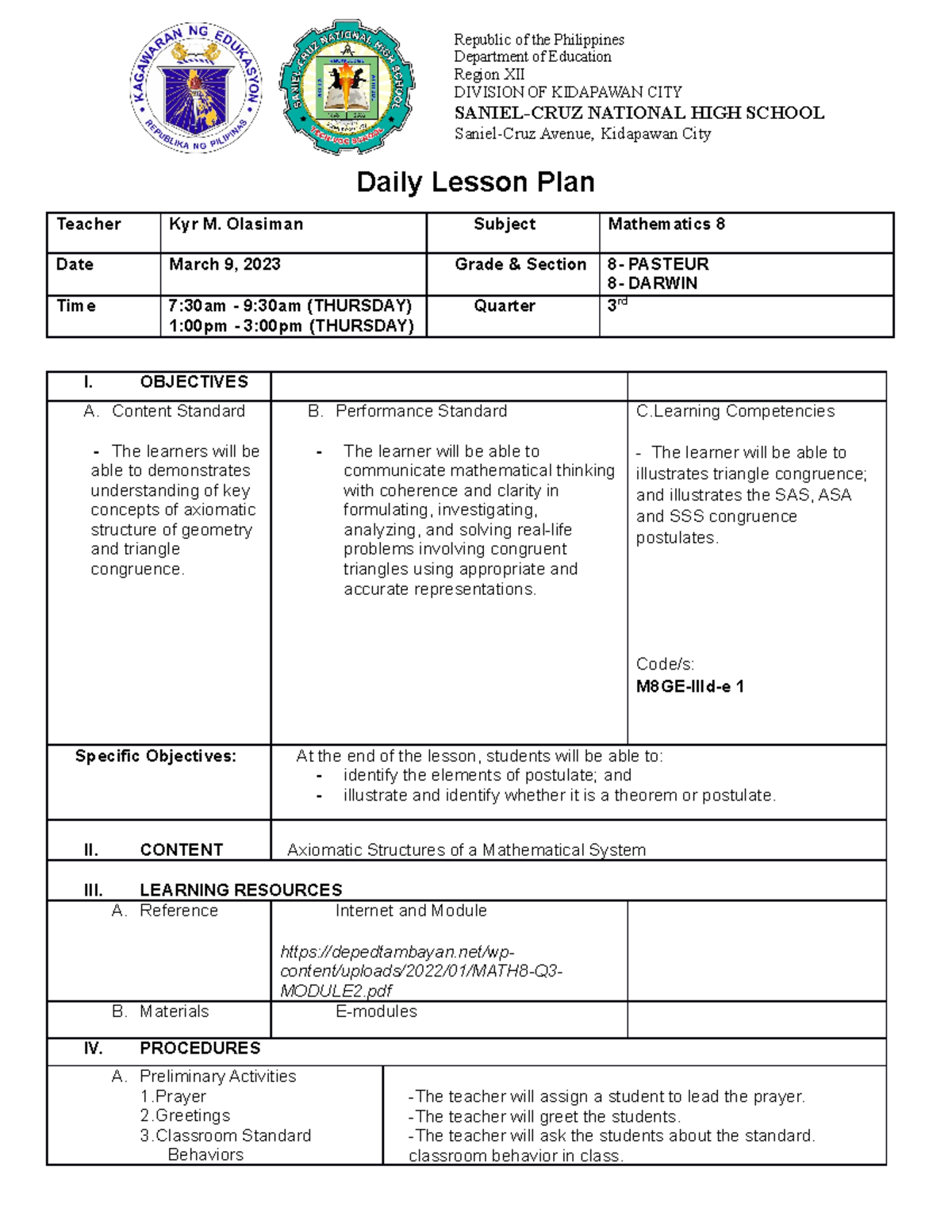 MATH 8 Lesson PLAN 3 - Mathematics 8 - Daily Lesson Plan Teacher Kyr M ...