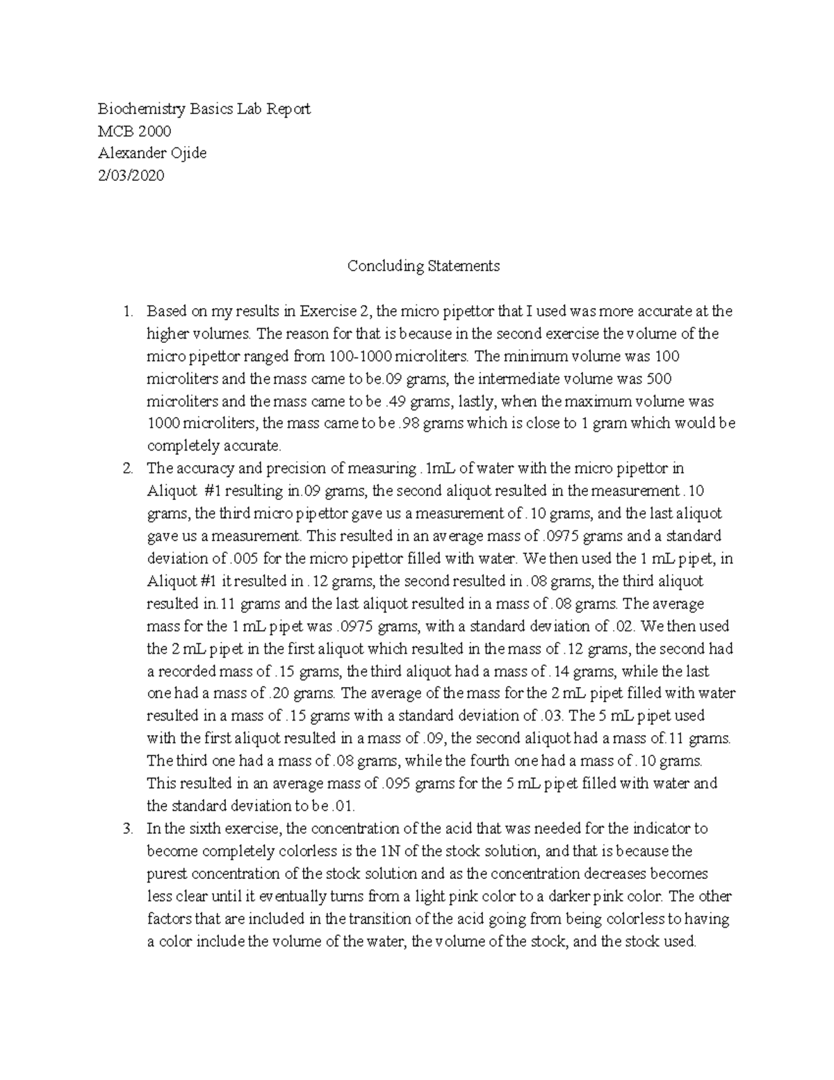 Biochemistry Lab Report Biochemistry Basics Lab Report MCB 2000