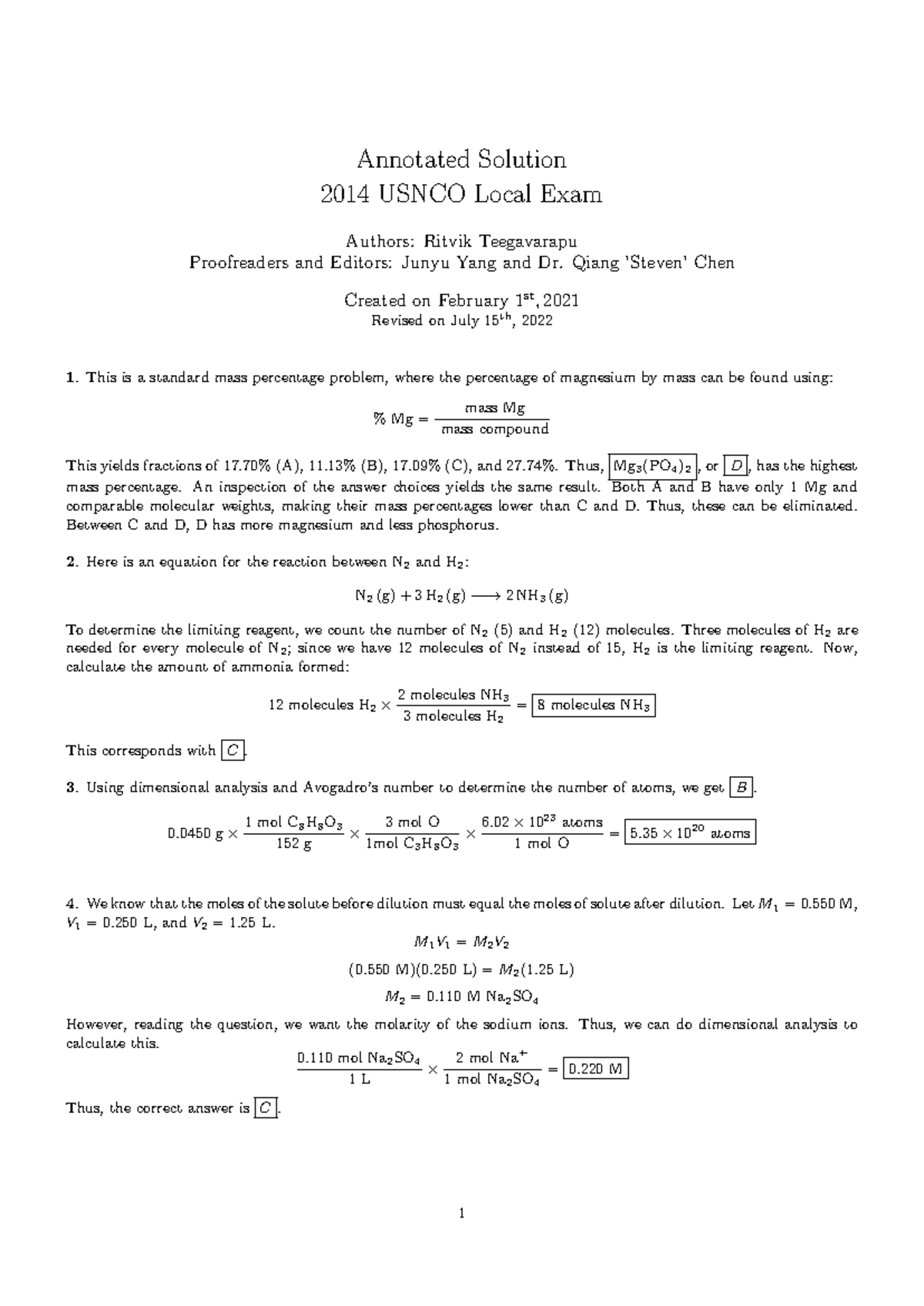 2014 usnco local solutions - Annotated Solution 2014 USNCO Local Exam
