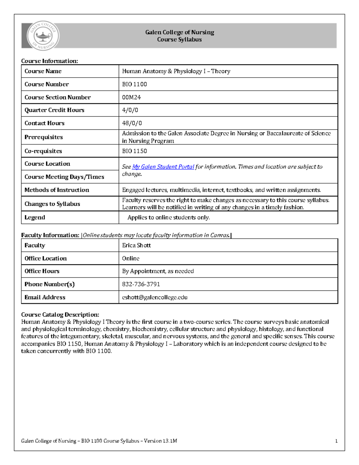 Syllabus For Biology 1100 Galen College Of Nursing - Galen College Of ...