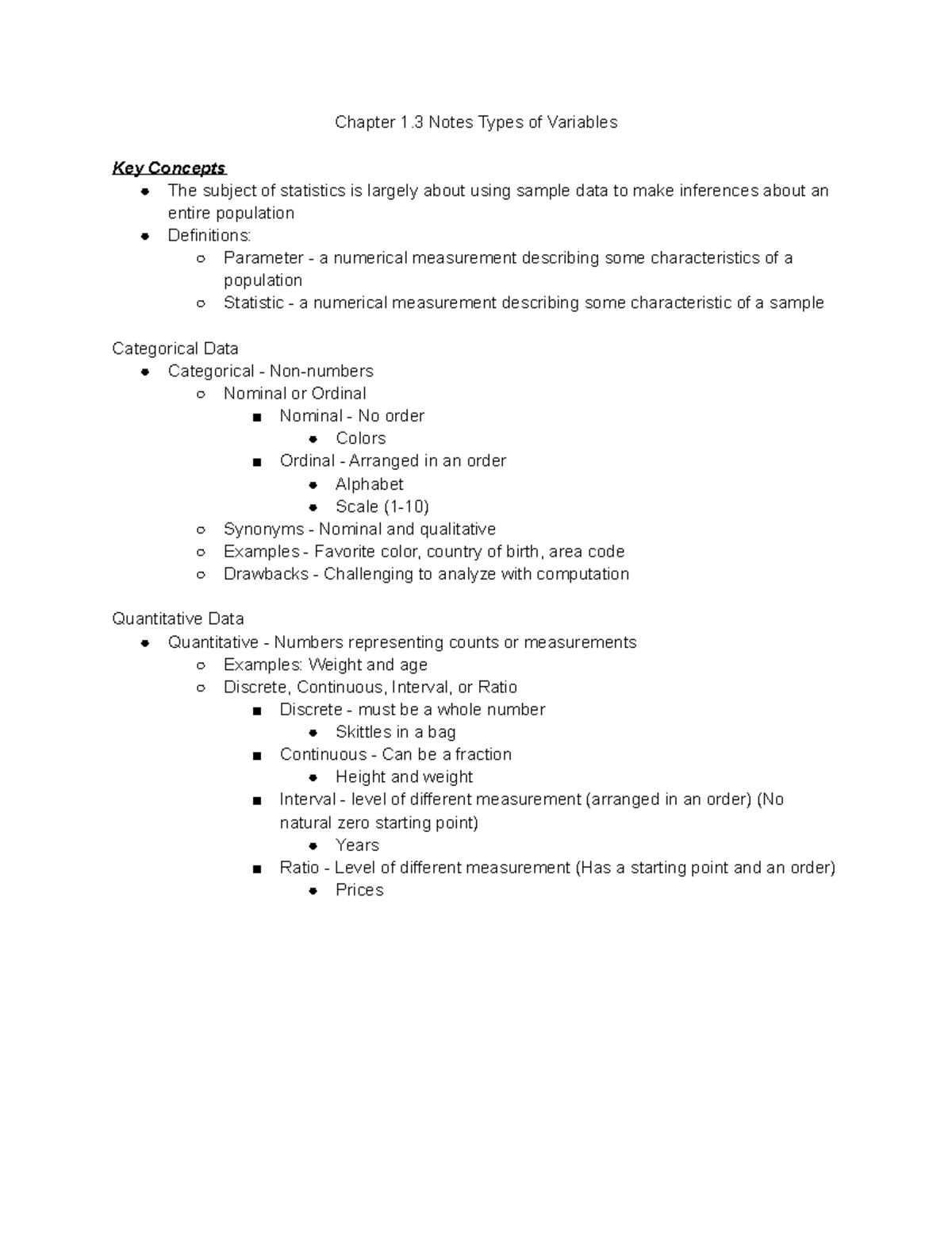 Chapter 1.3 Notes - Types of Variables - Chapter 1 Notes Types of ...