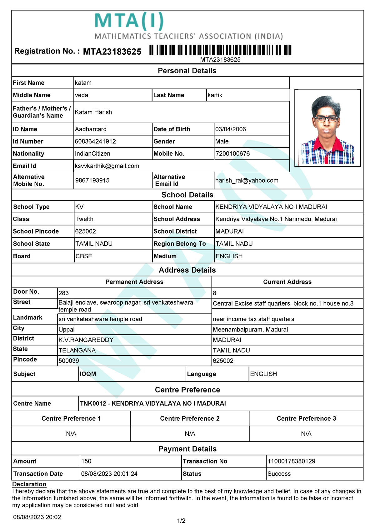 IOQM application - MTA (I) MTA Registration No. : MTA First Name Middle ...