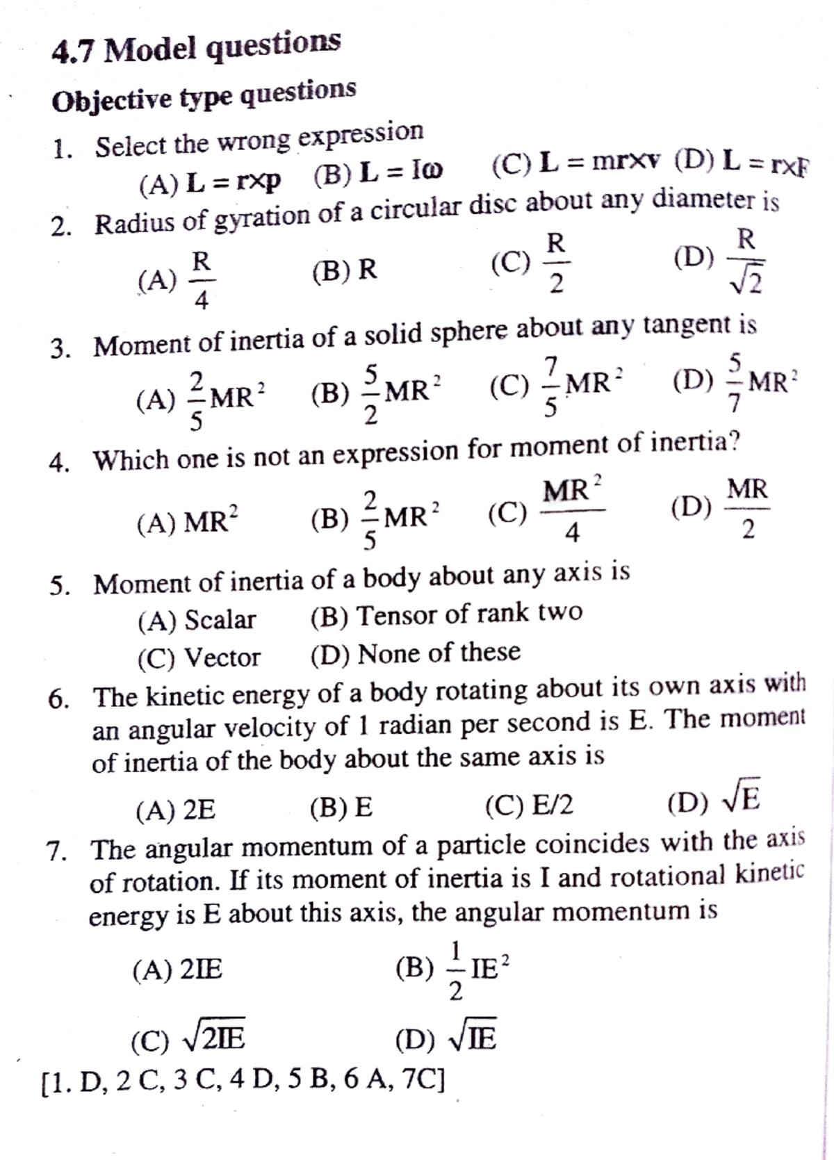 Rigid body motion -model questions - 4 Model questions Objective type ...