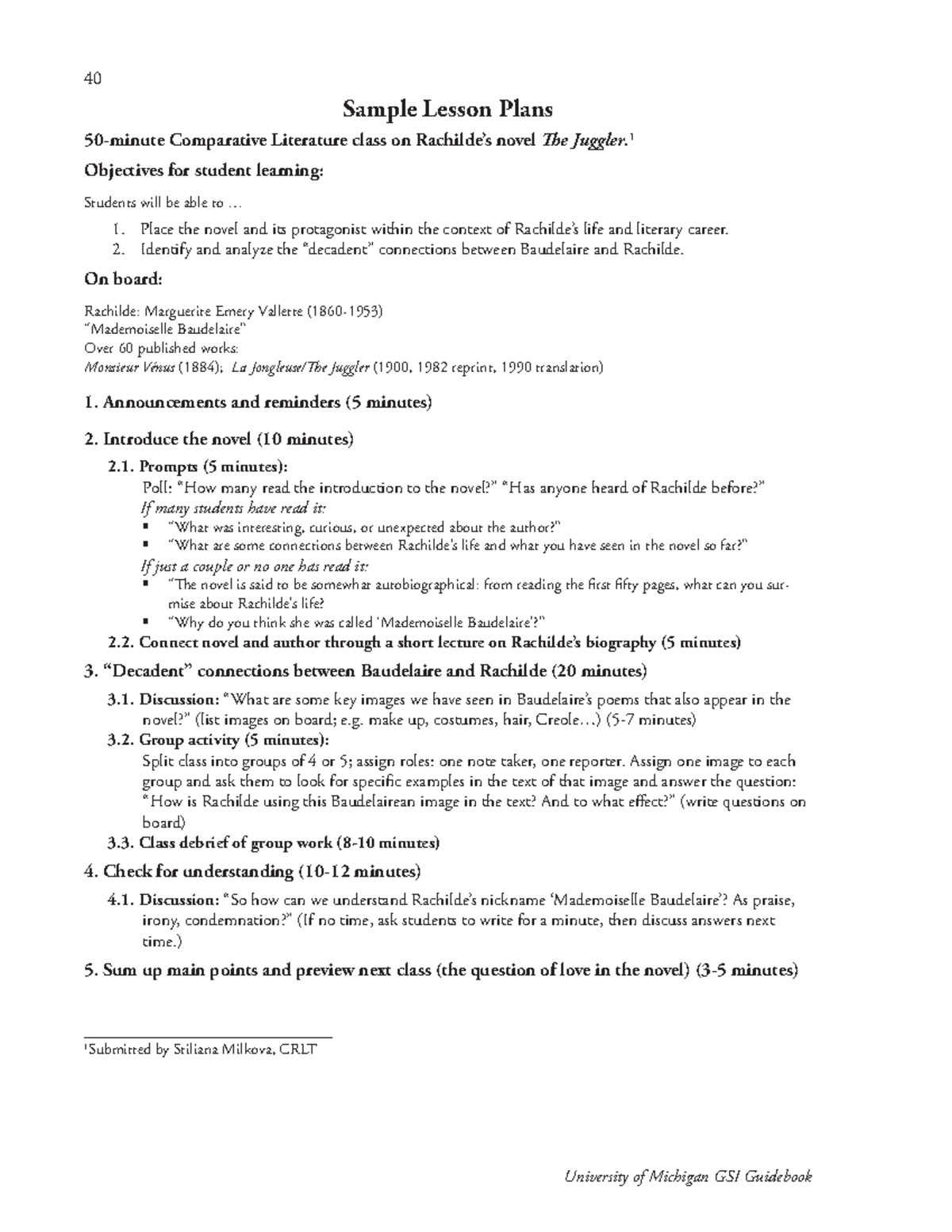 Sample lesson plans - University of Michigan GSI Guidebook Sample ...