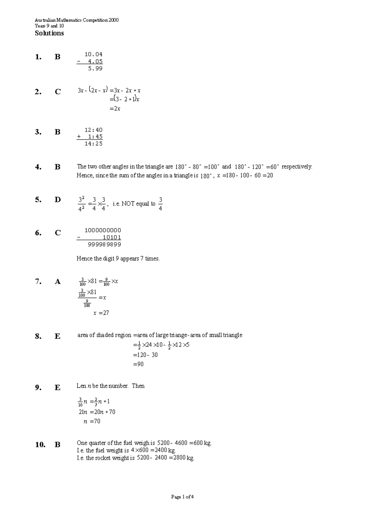 AMC+Years++9+and+10+(Intermediate)+2000 + Solutions - Years 9 and 10 ...