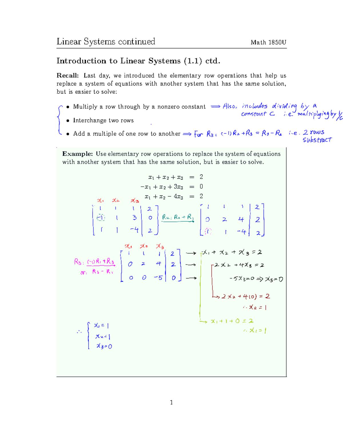 Lecture 2-posted - Linear Systems continued Math 1850U Introduction to ...