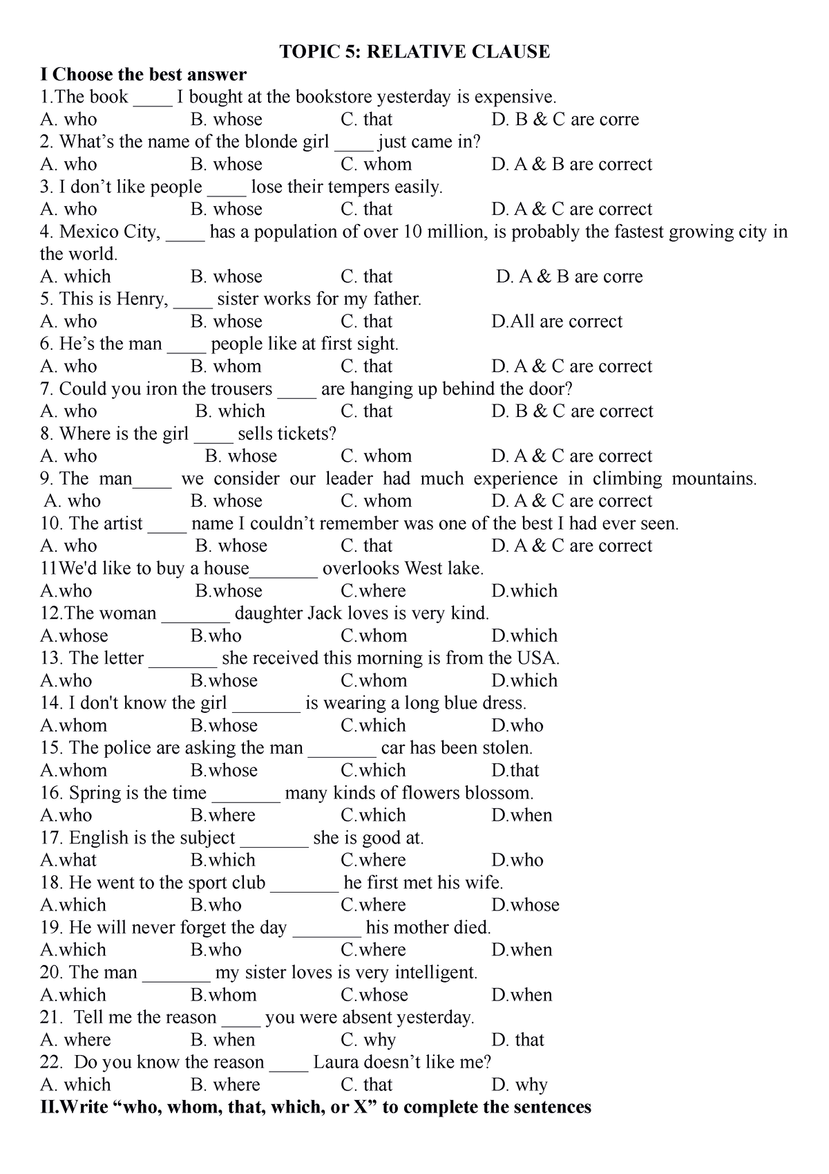 Bai tap voi dai tu quan he - TOPIC 5: RELATIVE CLAUSE I Choose the best ...