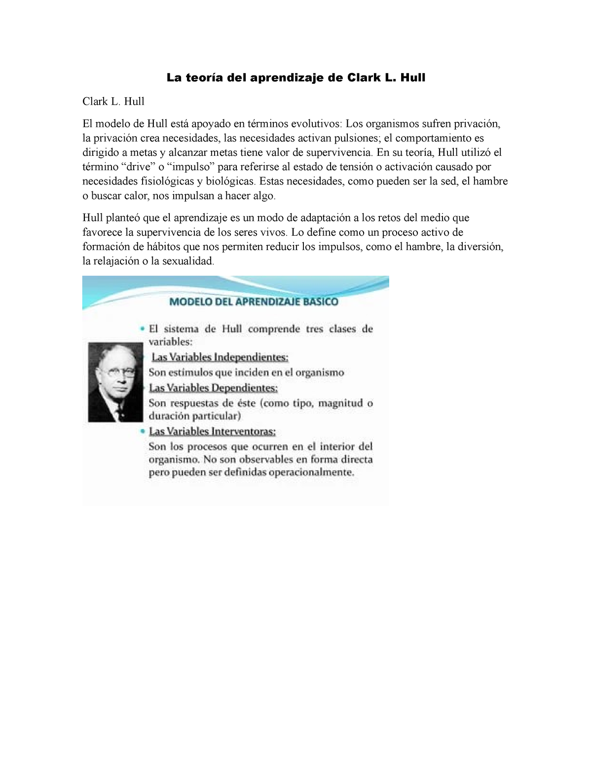 La Teoría Del Aprendizaje De Clark L Hull Clark L Hull El Modelo De Hull Está Apoyado En 0994