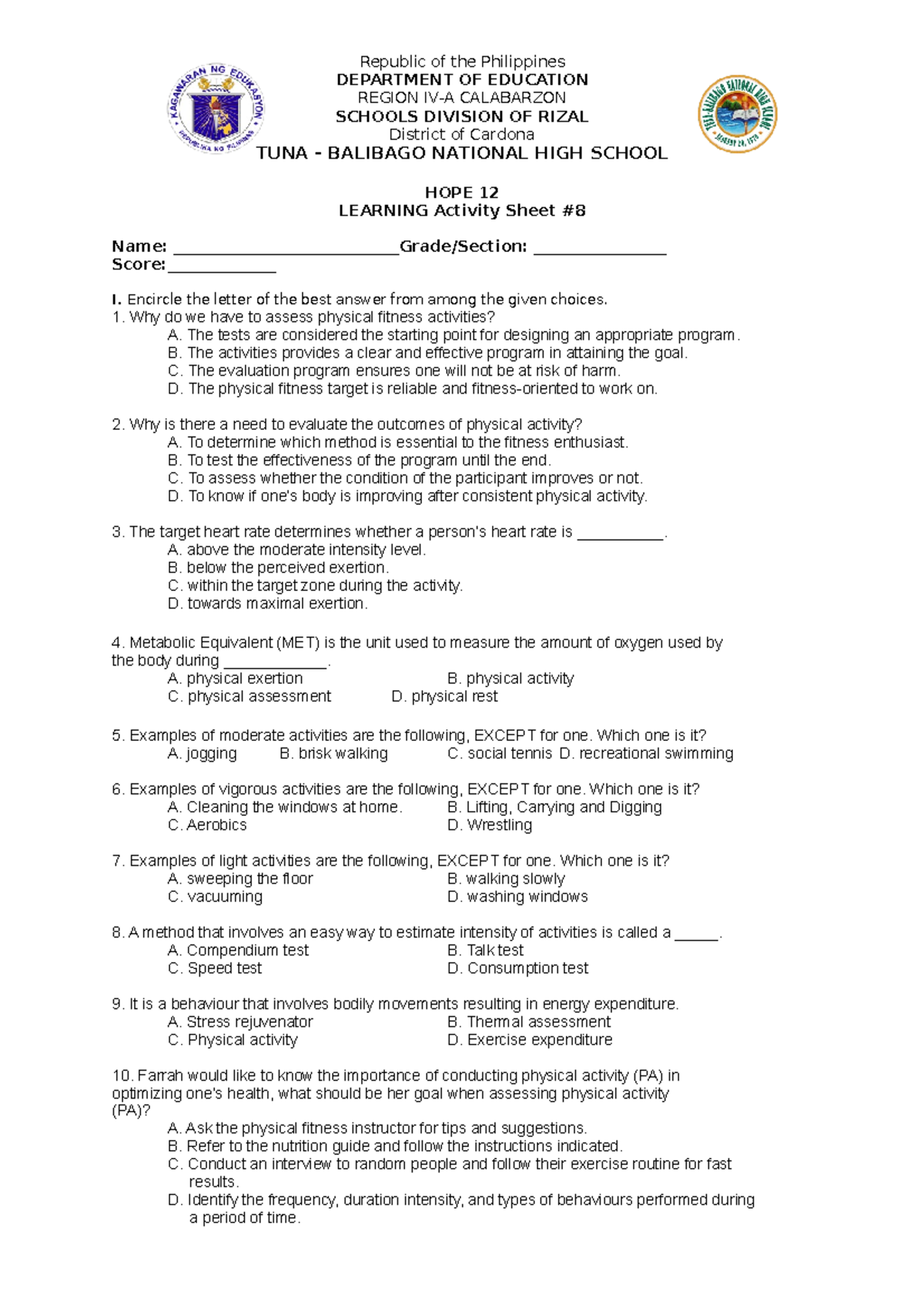 LAS HOPE 12 W8 - Republic of the Philippines DEPARTMENT OF EDUCATION ...