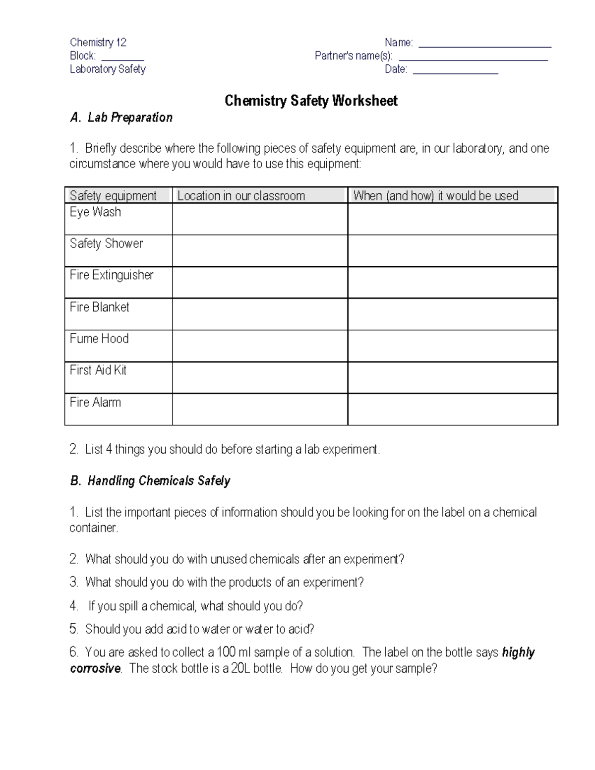 Chem Lab Worksheet Chemistry 12 Name _________________________ Block