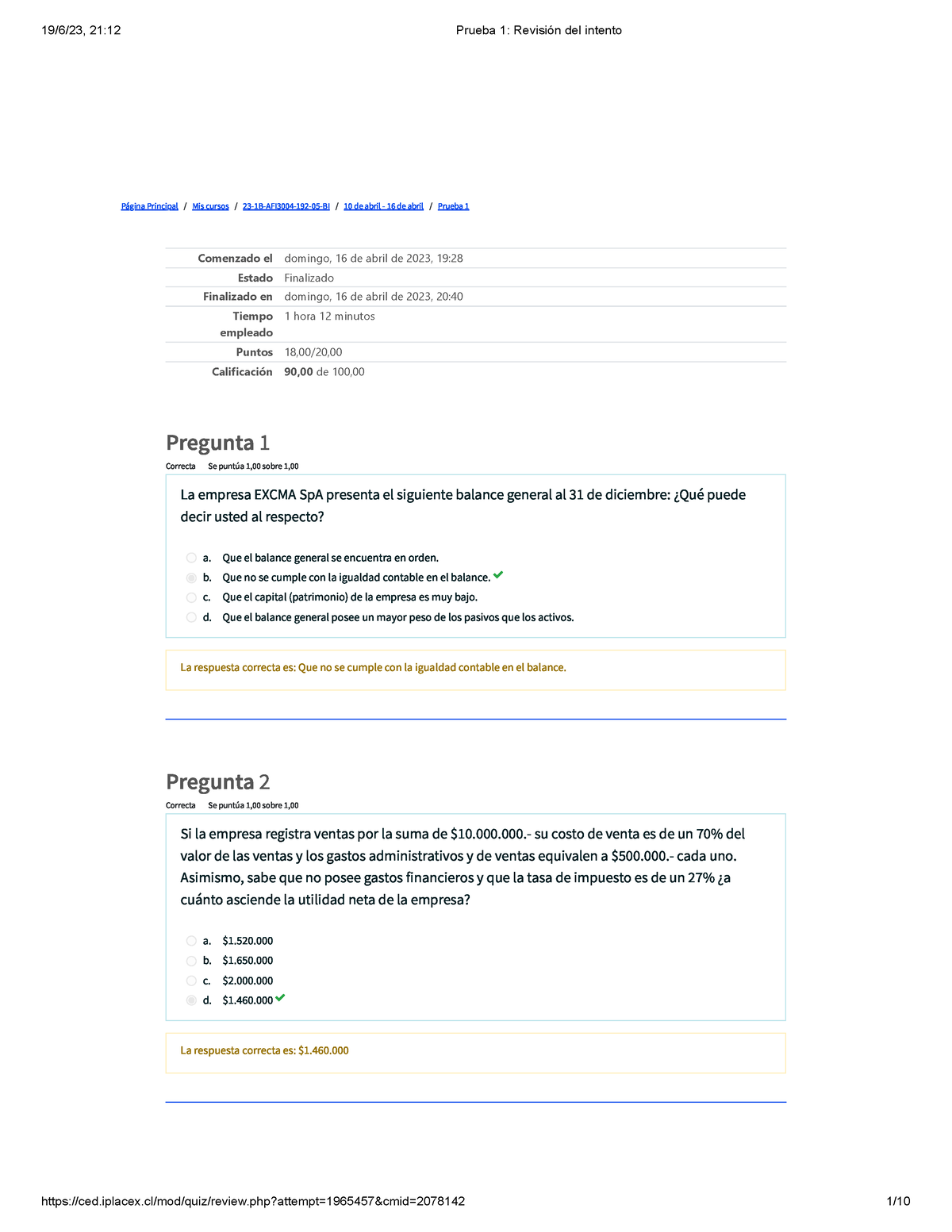 Prueba 1 Revisión Del Intento - Página Principal / Mis Cursos / 23-1B ...