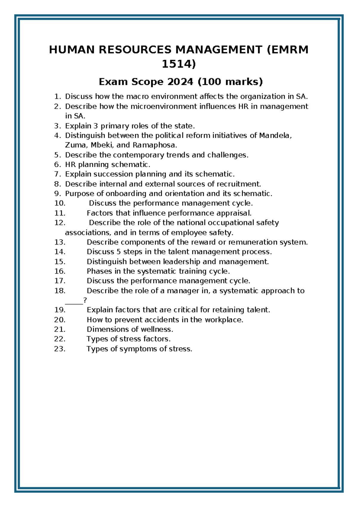 EHRM Exam Scope - HUMAN RESOURCES MANAGEMENT (EMRM 1514) Exam Scope ...