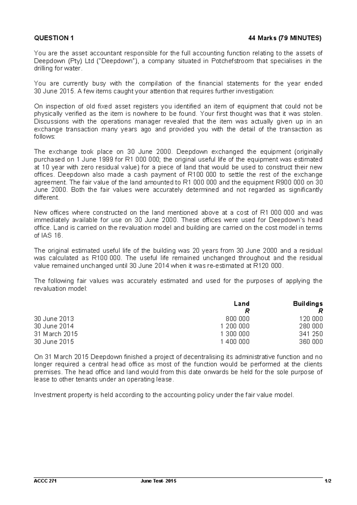 ACCC+271+June+2015 +English - QUESTION 1 44 Marks (79 MINUTES) You are ...