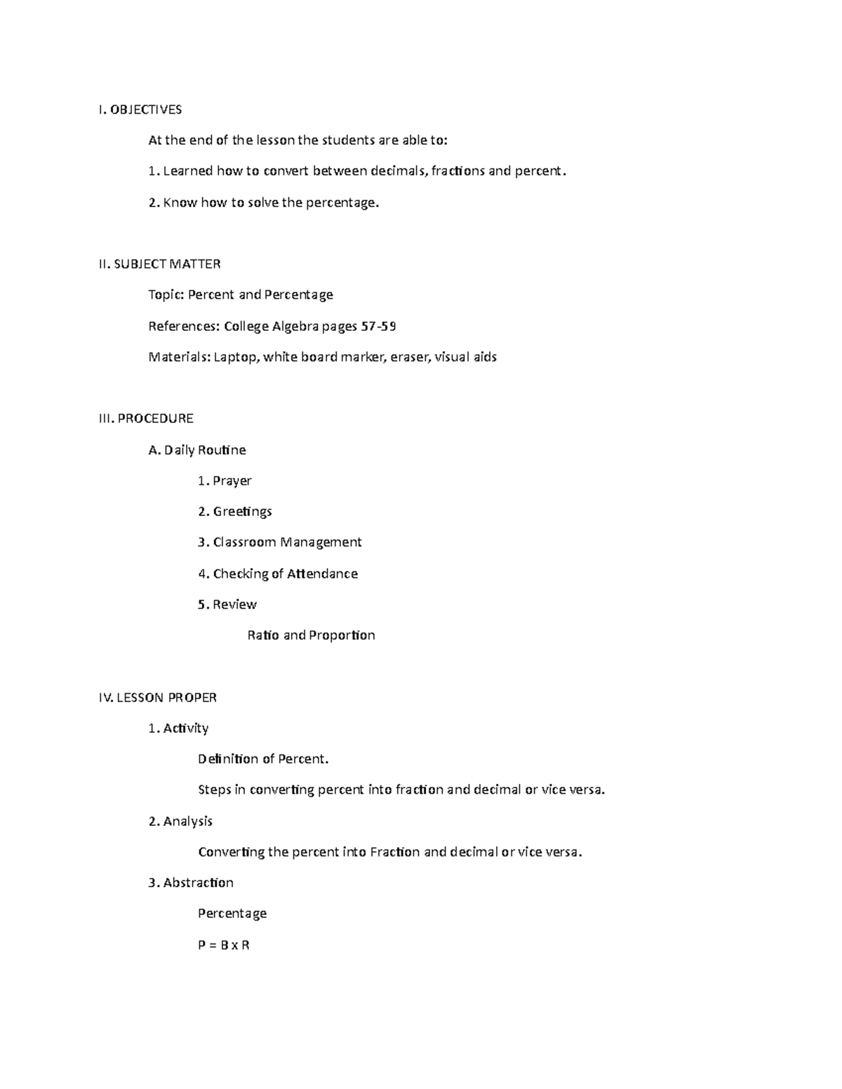 Demo - Lecture notes 1-5 - I. OBJECTIVES At the end of the lesson the ...