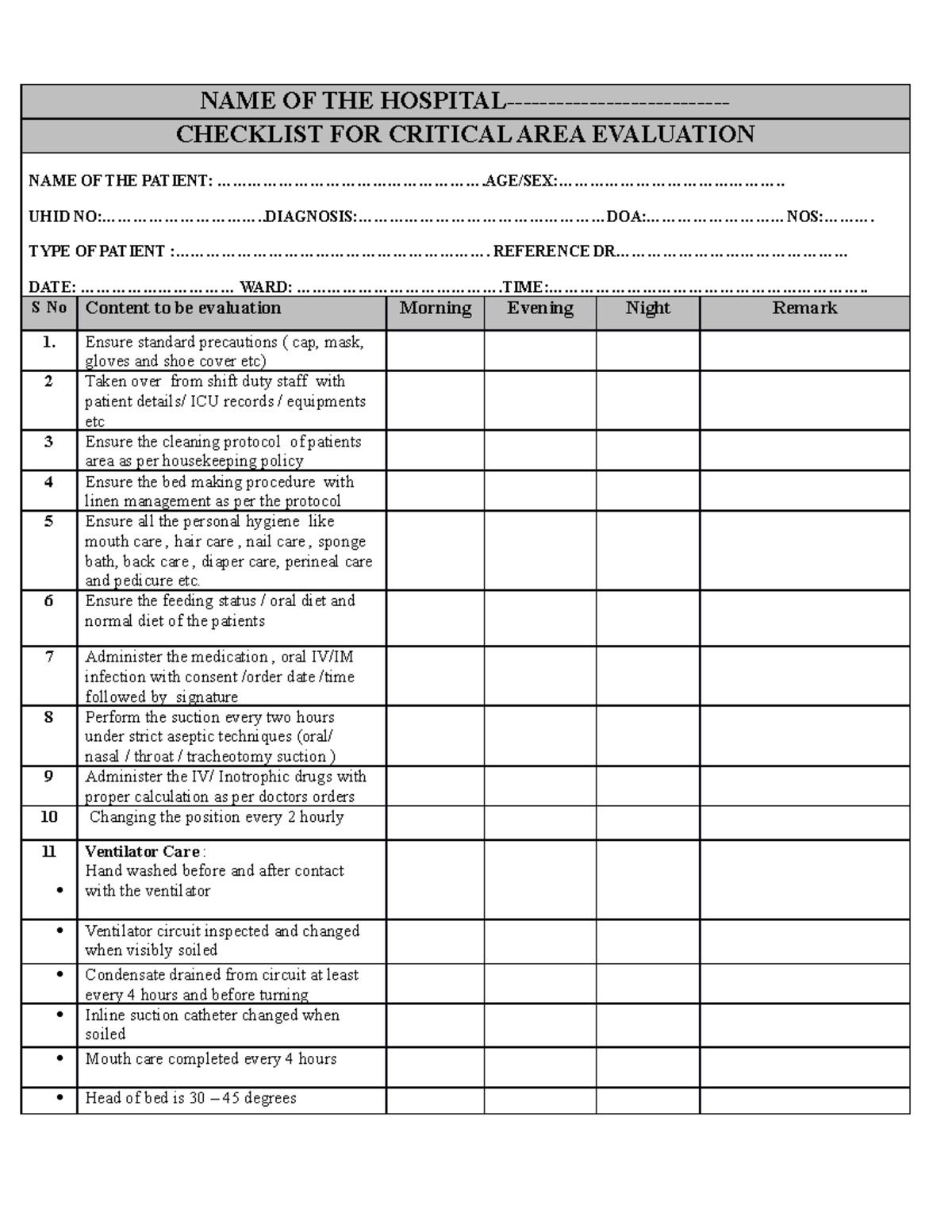 Critical area checklist - NAME OF THE HOSPITAL- CHECKLIST FOR CRITICAL ...