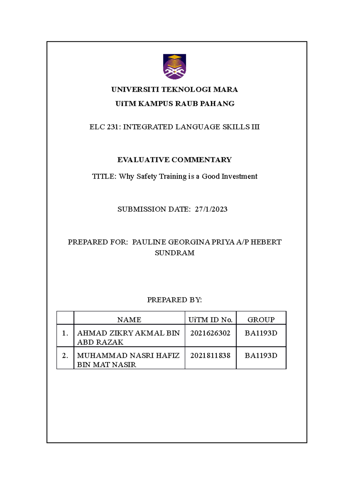 Evaluative Commentary Universiti Teknologi Mara Uitm Kampus Raub