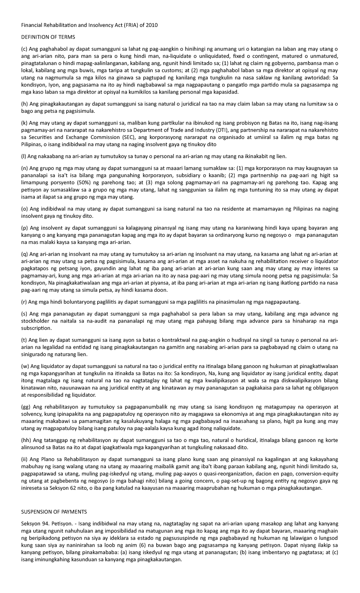 BLAW Final(draft) Financial Rehabilitation and Insolvency Act of 2010 or FRIA. Financial