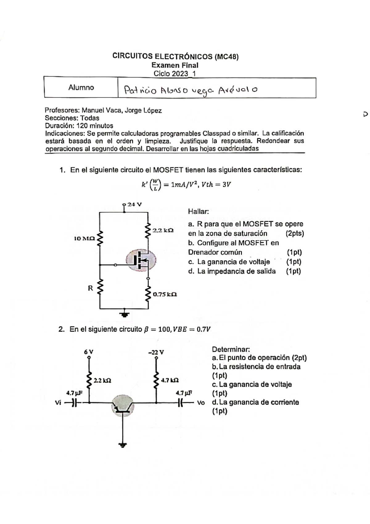 EVA-2023-1 - EDD - CIRCUITOS ELECTRÓNICOS (MC48) Examen Final Ciclo ...