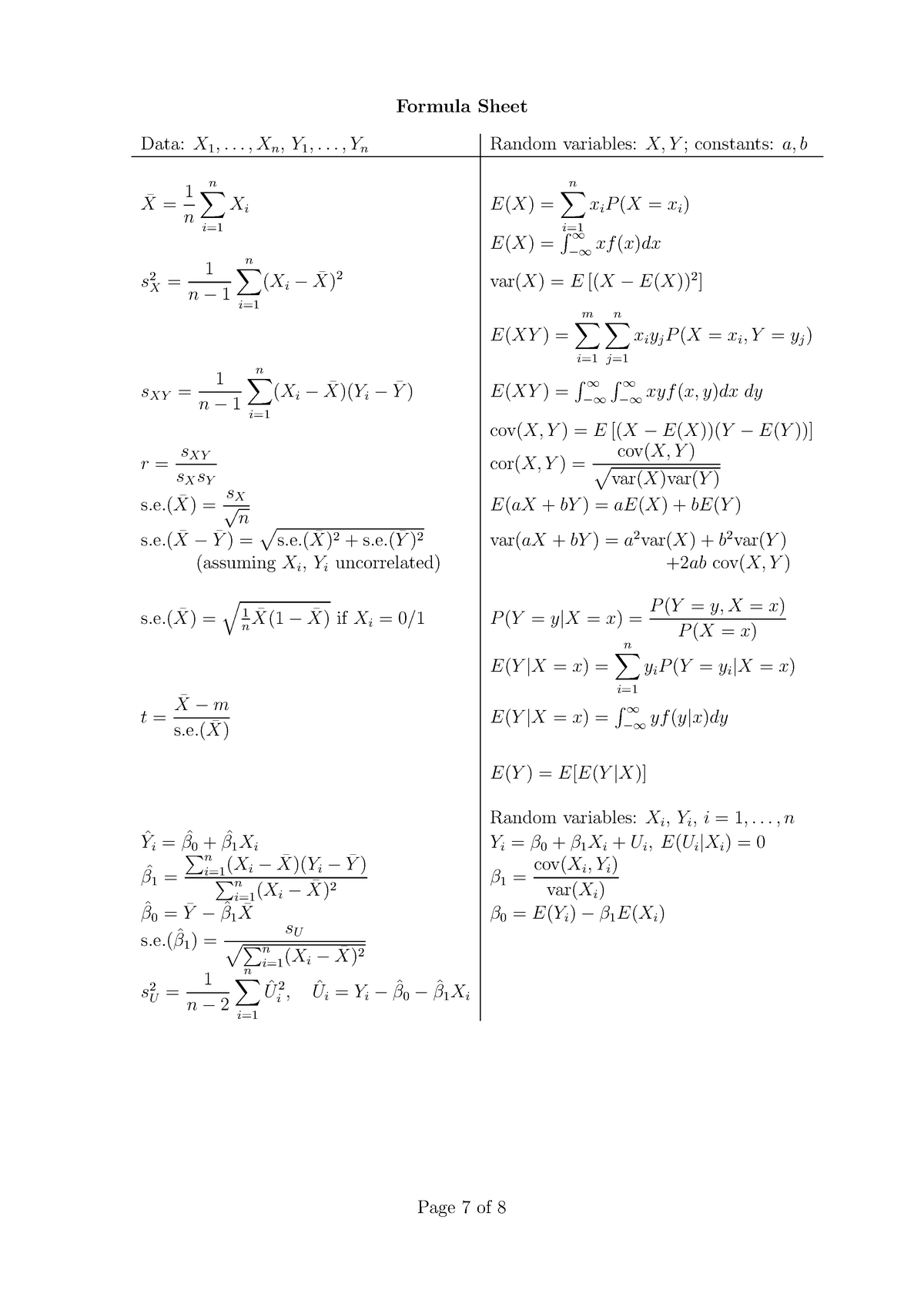 QM formula sheet - Formula Sheet Data:X 1 ,... , X n ,Y 1 ,... , Y n ...