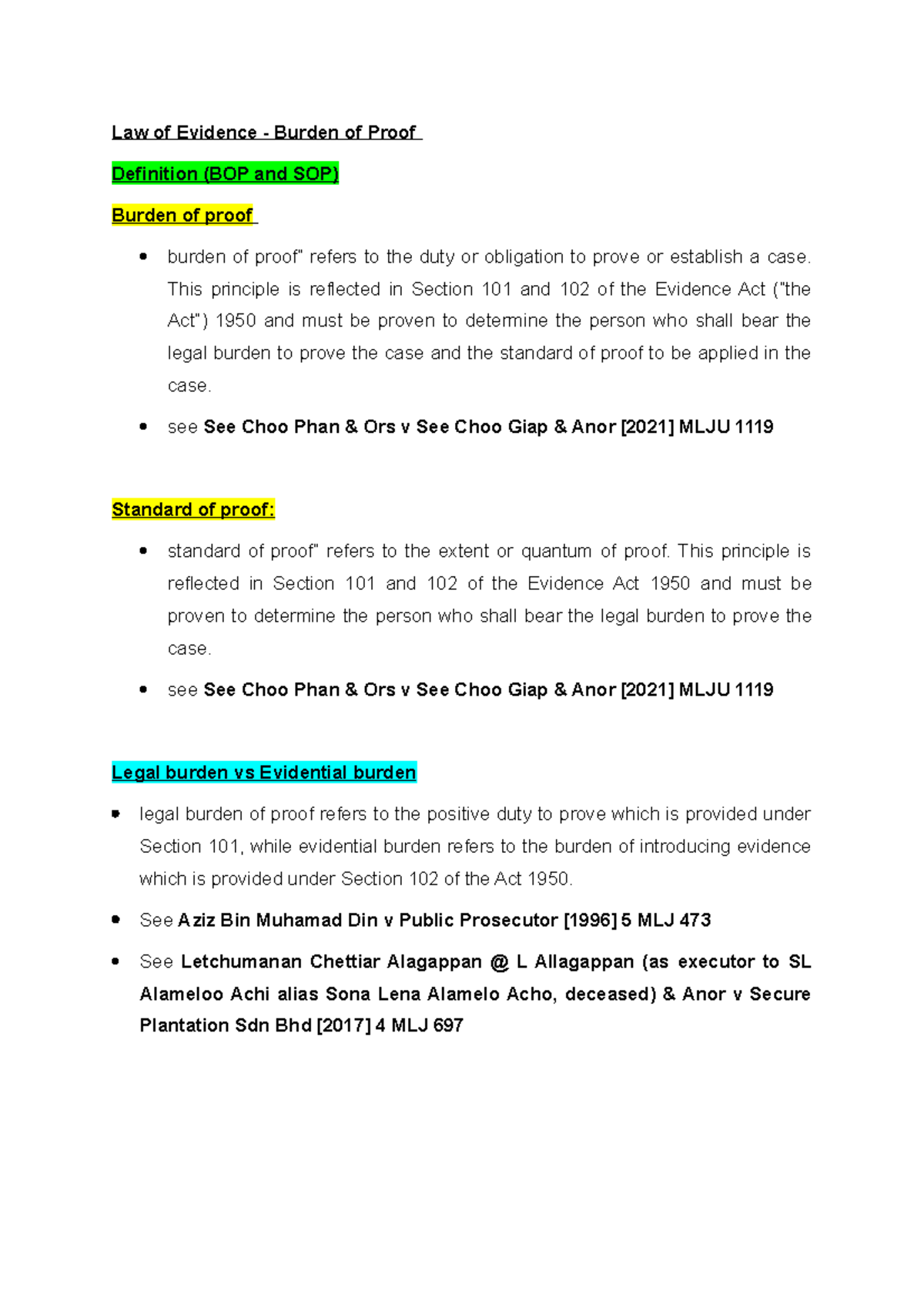 Law of Evidence Notes - Burden of Proof - Law of Evidence - Burden of ...