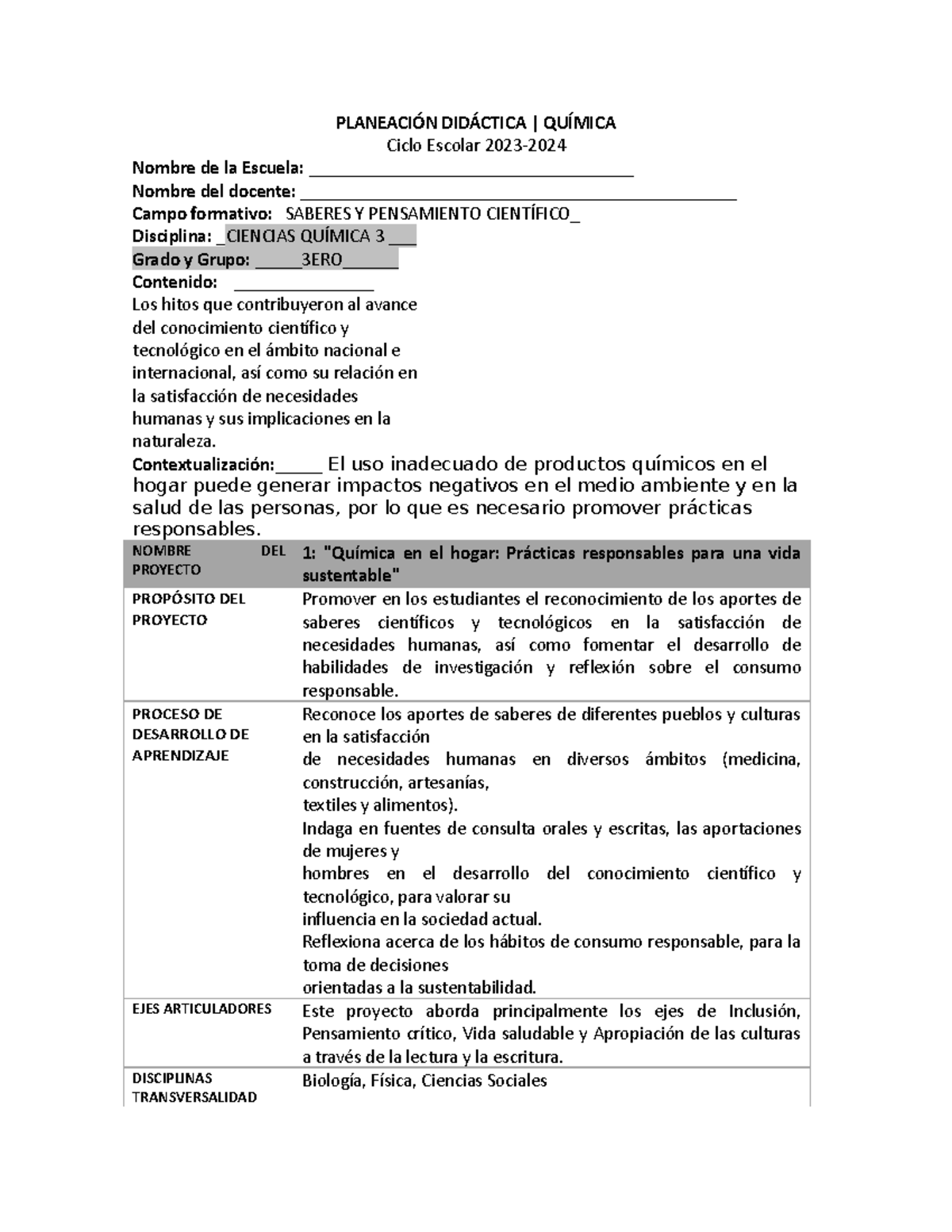 Ciencias 3 Química 2023 PlaneaciÓn DidÁctica QuÍmica Ciclo Escolar 2023 Nombre De La