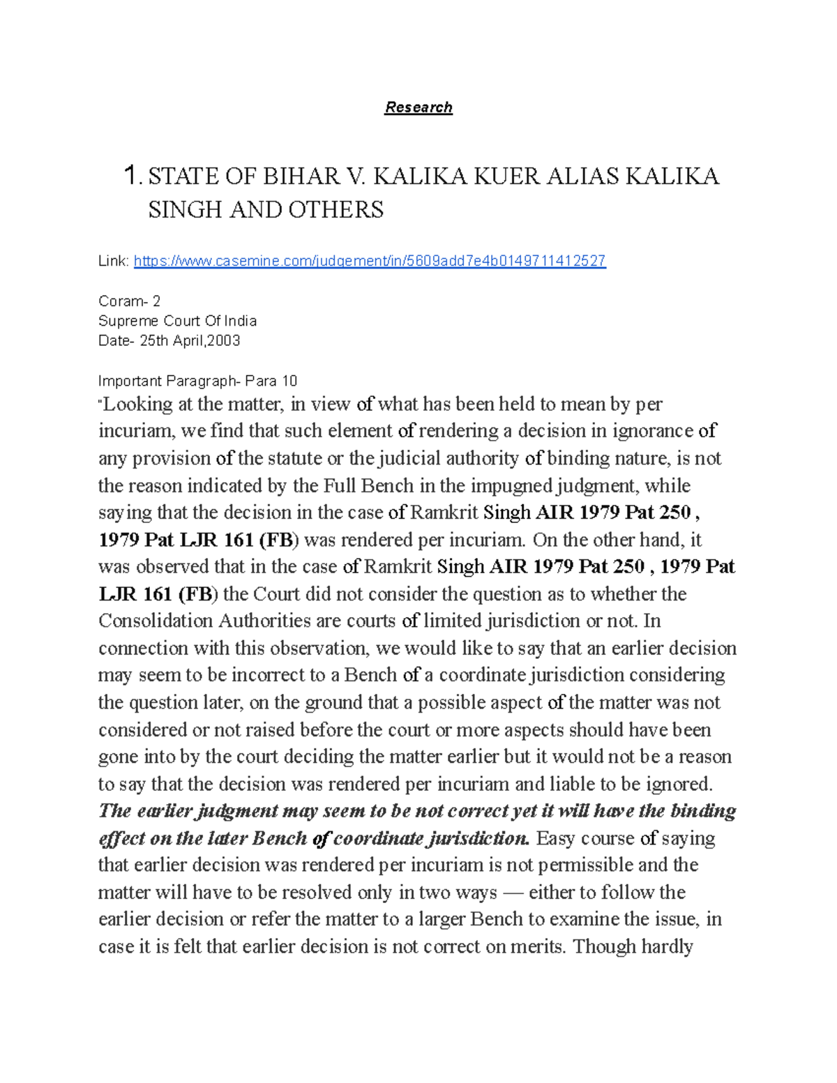 Research document - Research 1 OF BIHAR V. KALIKA KUER ALIAS KALIKA ...