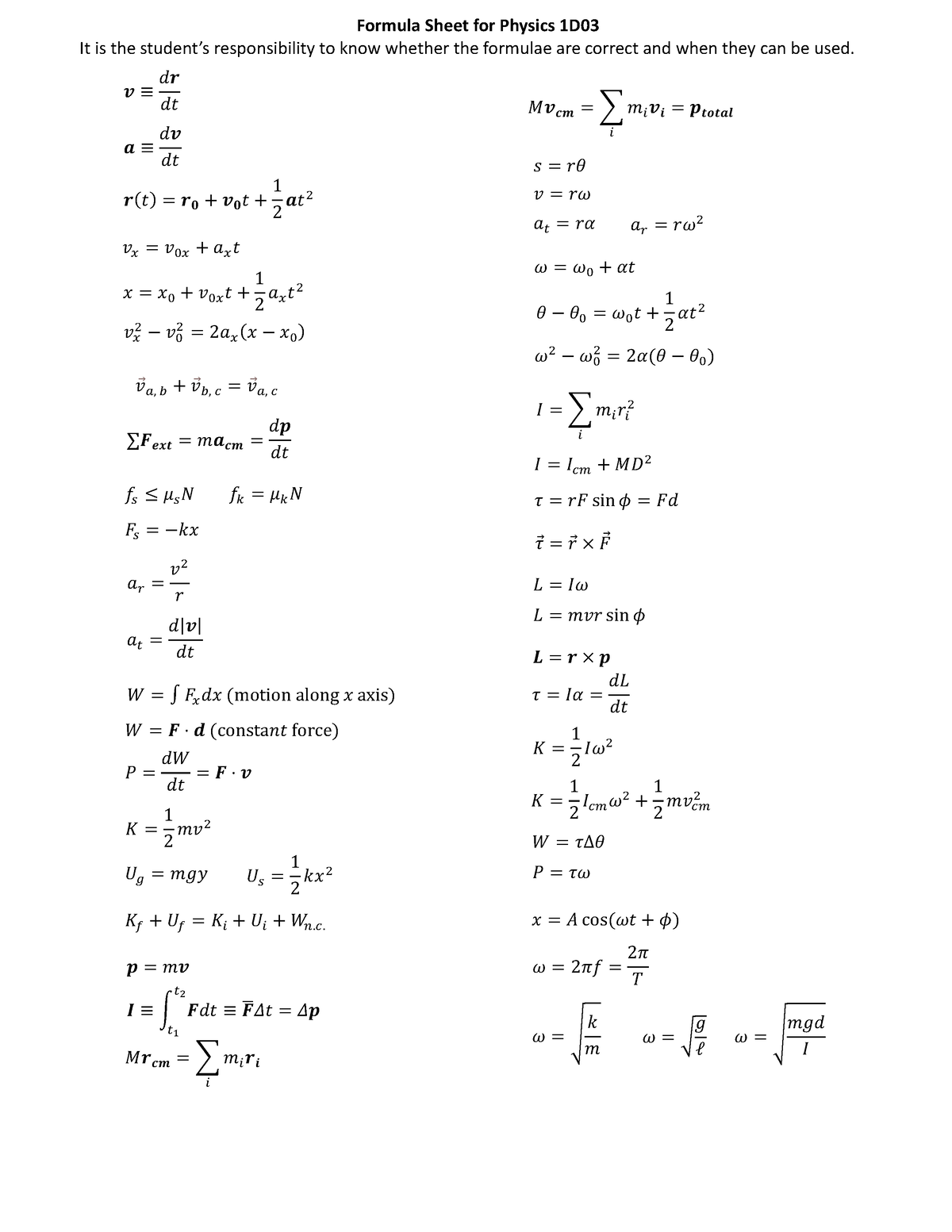 Formula Sheet - 𝒗 ≡ 𝑑𝒓 𝑑𝑡 𝒂 ≡ 𝑑𝒗 𝑑𝑡 𝒓(𝑡) = 𝒓 𝟎 + 𝒗 𝟎 𝑡 + 1 2 𝒂𝑡 