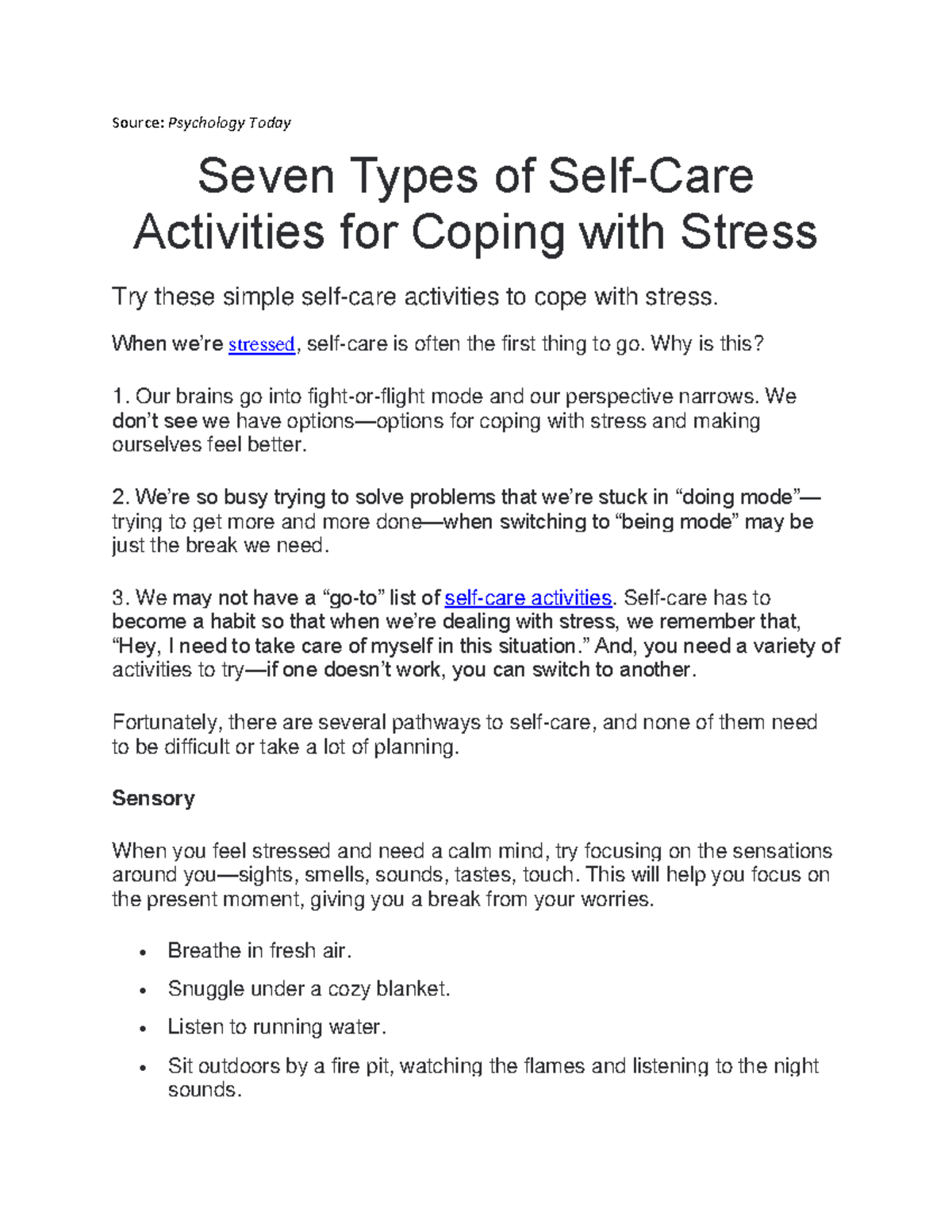 Seven Types of Self-Care Activities for Coping with Stress - Source ...