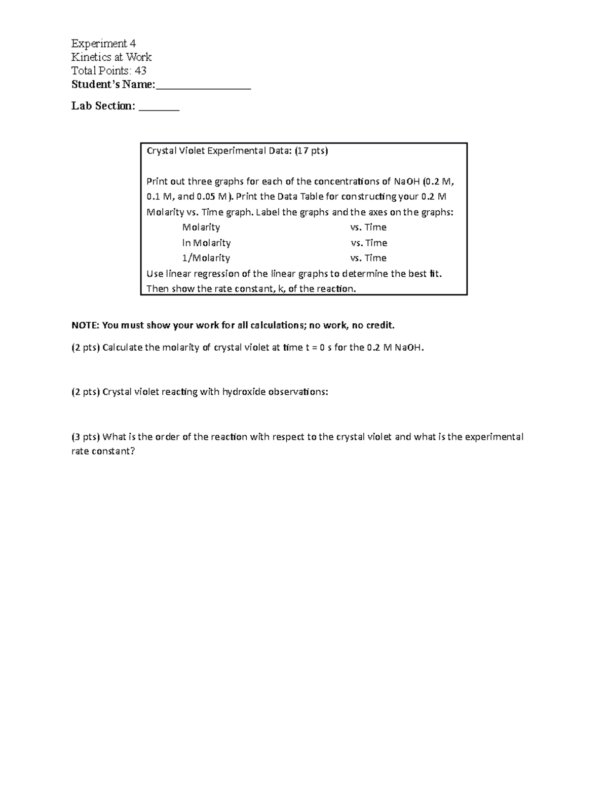 CHEM 110L - Experiment 4 Kinetics at Work - Experiment 4 Kinetics at ...