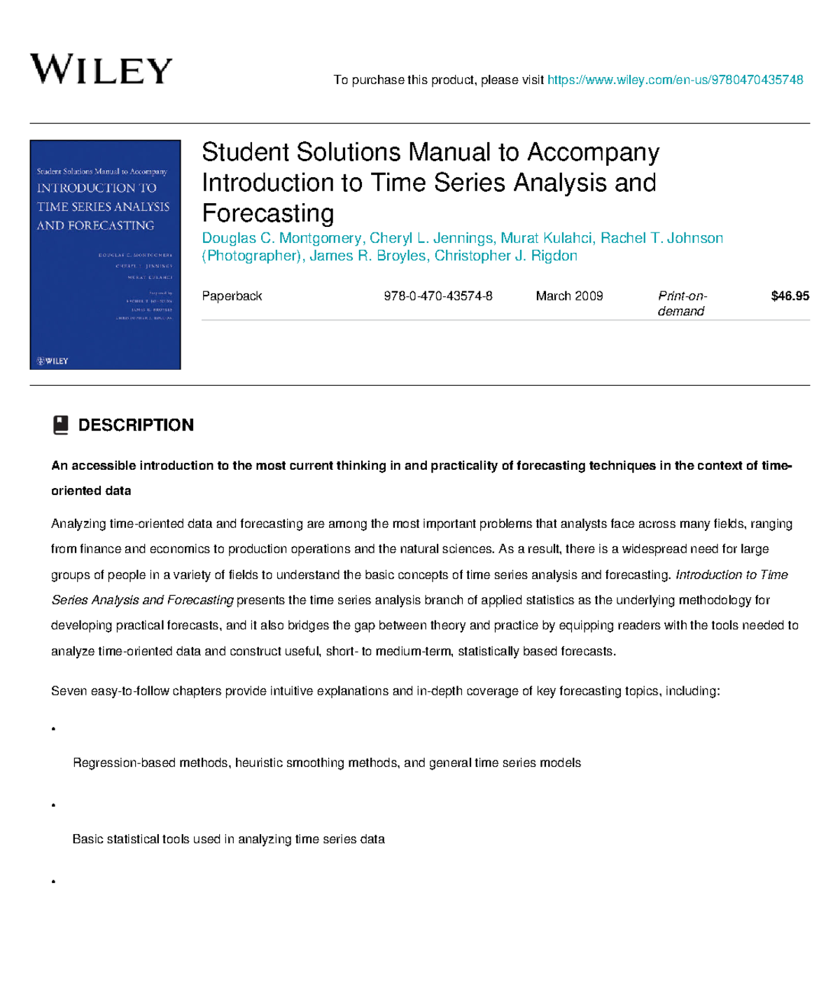 Wiley Student Solutions Manual to Accompany Introduction to Time Series ...