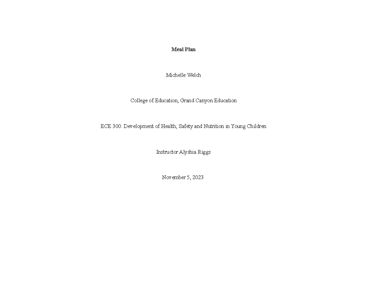 Meal plan assignment Meal Plan Michelle Welch College of Education, Grand Canyon Education