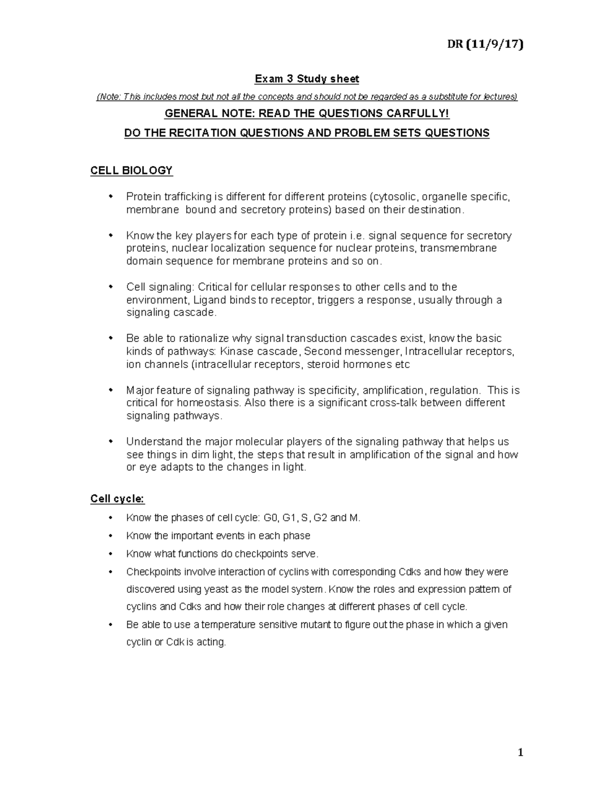 Exam 3 Study sheet - DR (11/9/17) 1 Exam 3 Study sheet (Note: This ...