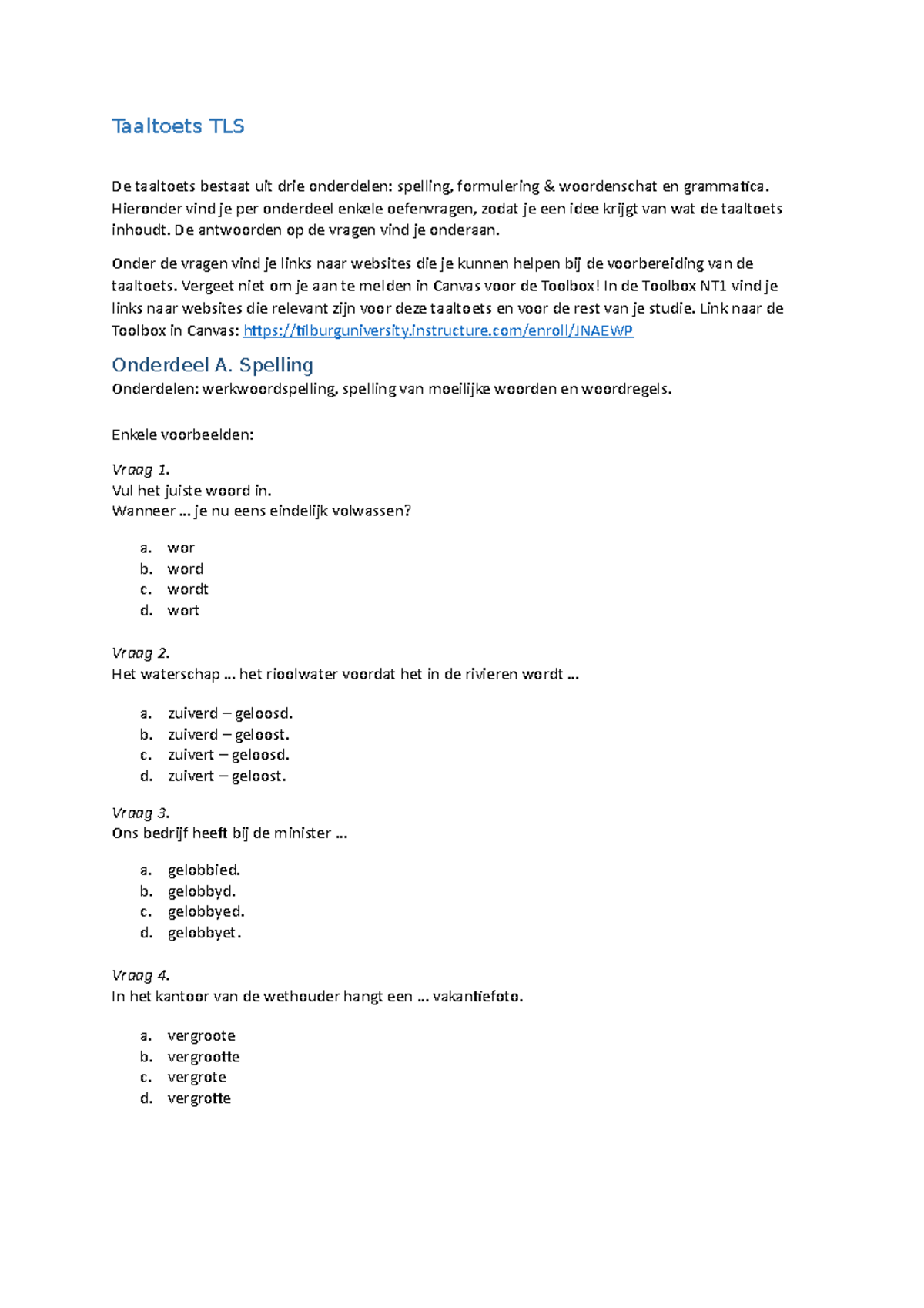 Oefen Taaltoets TLS 2019-2020 - Taaltoets TLS De Taaltoets Bestaat Uit ...