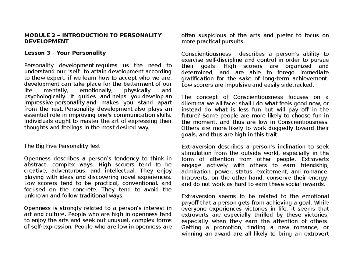 Module 2-5 - N/A - MODULE 2 – INTRODUCTION TO PERSONALITY DEVELOPMENT ...