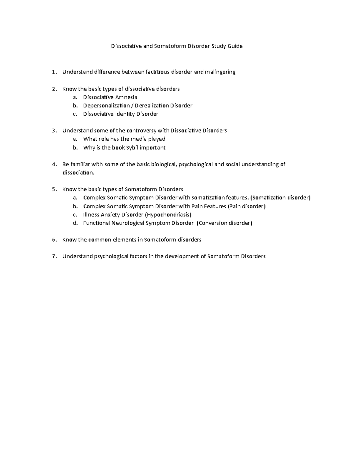 Dissociative and Somatoform Disorder Study Guide - Dissociative and ...
