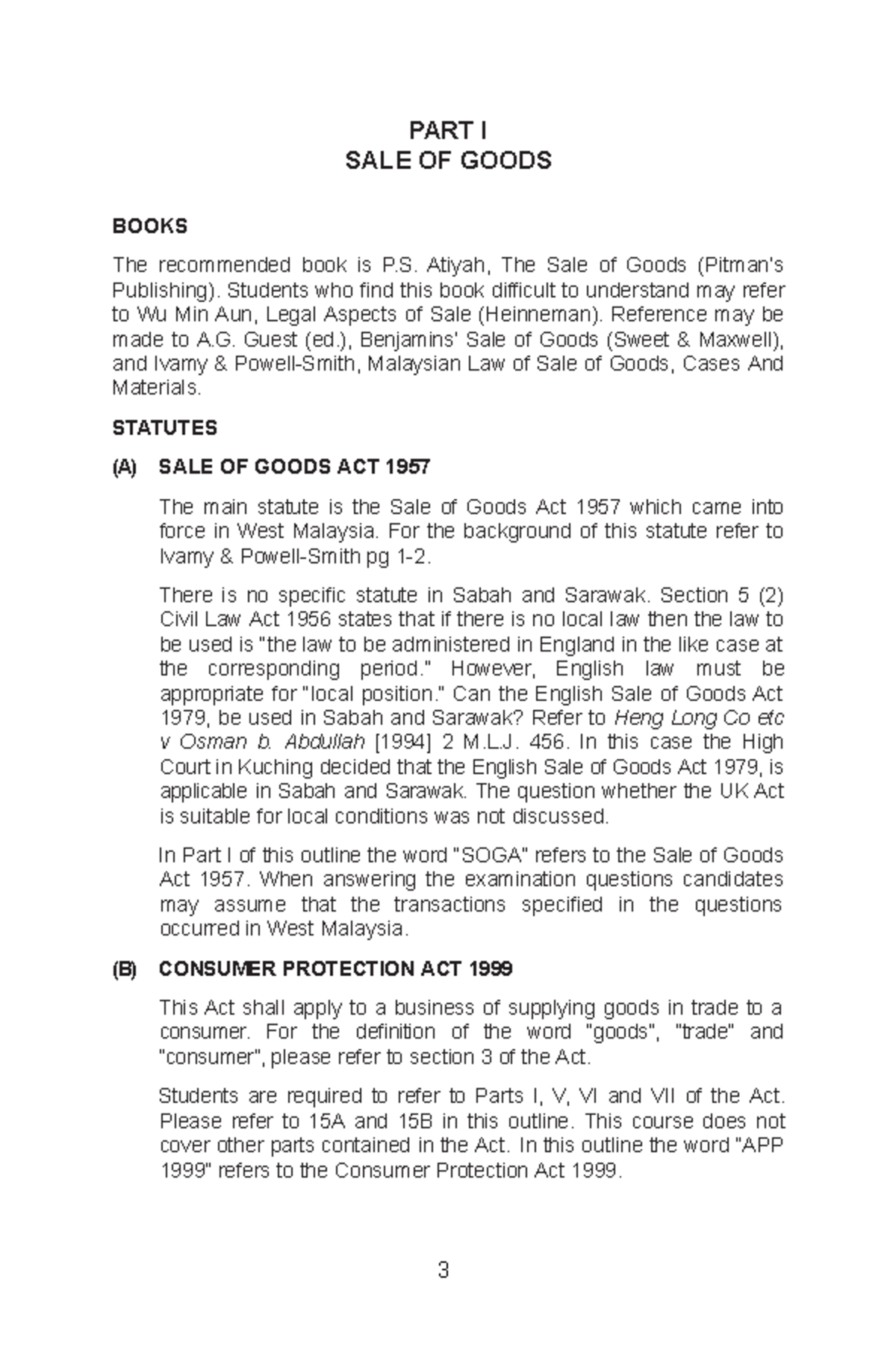 SOGA 1 - Introduction - PART I SALE OF GOODS BOOKS The recommended book ...