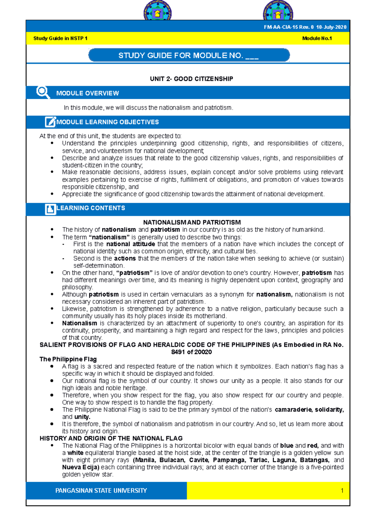 Study Guide 2 Nationalism and Patriotism - UNIT 2- GOOD CITIZENSHIP ...