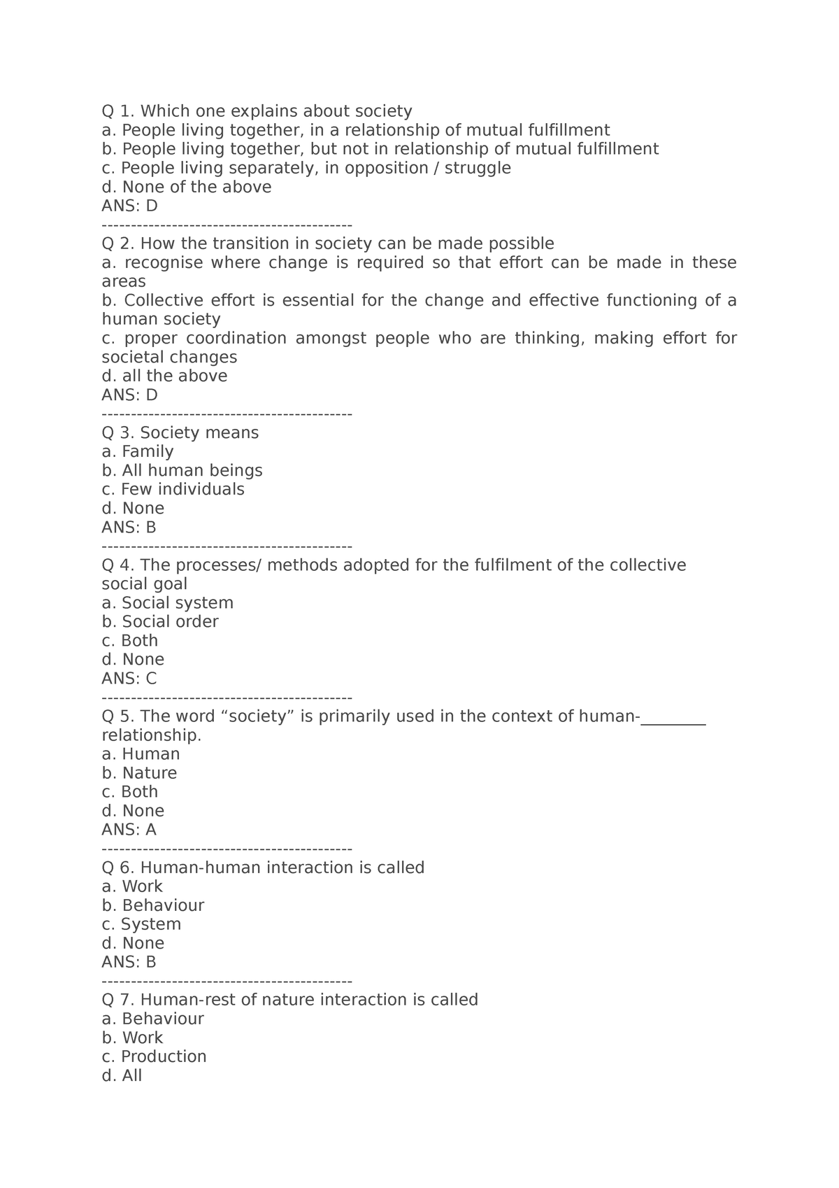 MCQs On UHV -49 For Final Exam - Q 1. Which One Explains About Society ...