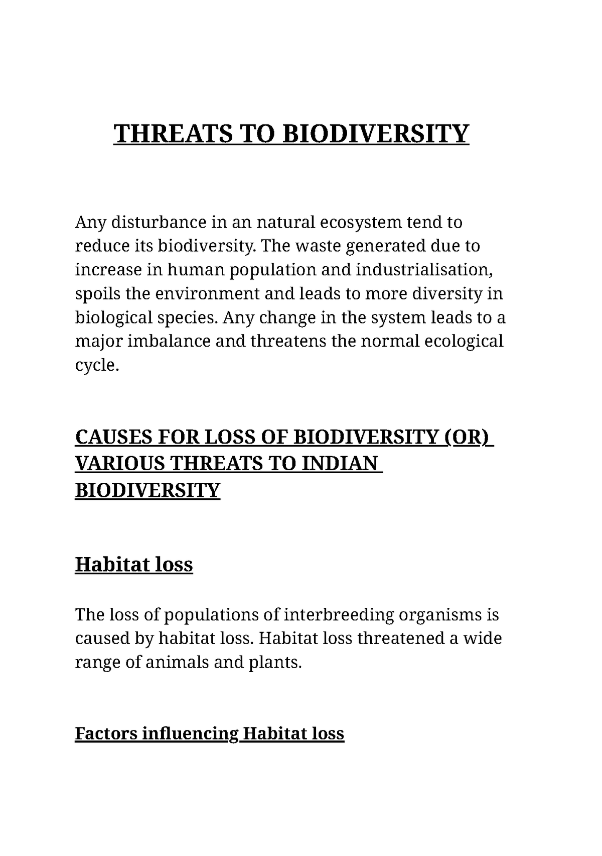 essay on threats to biodiversity